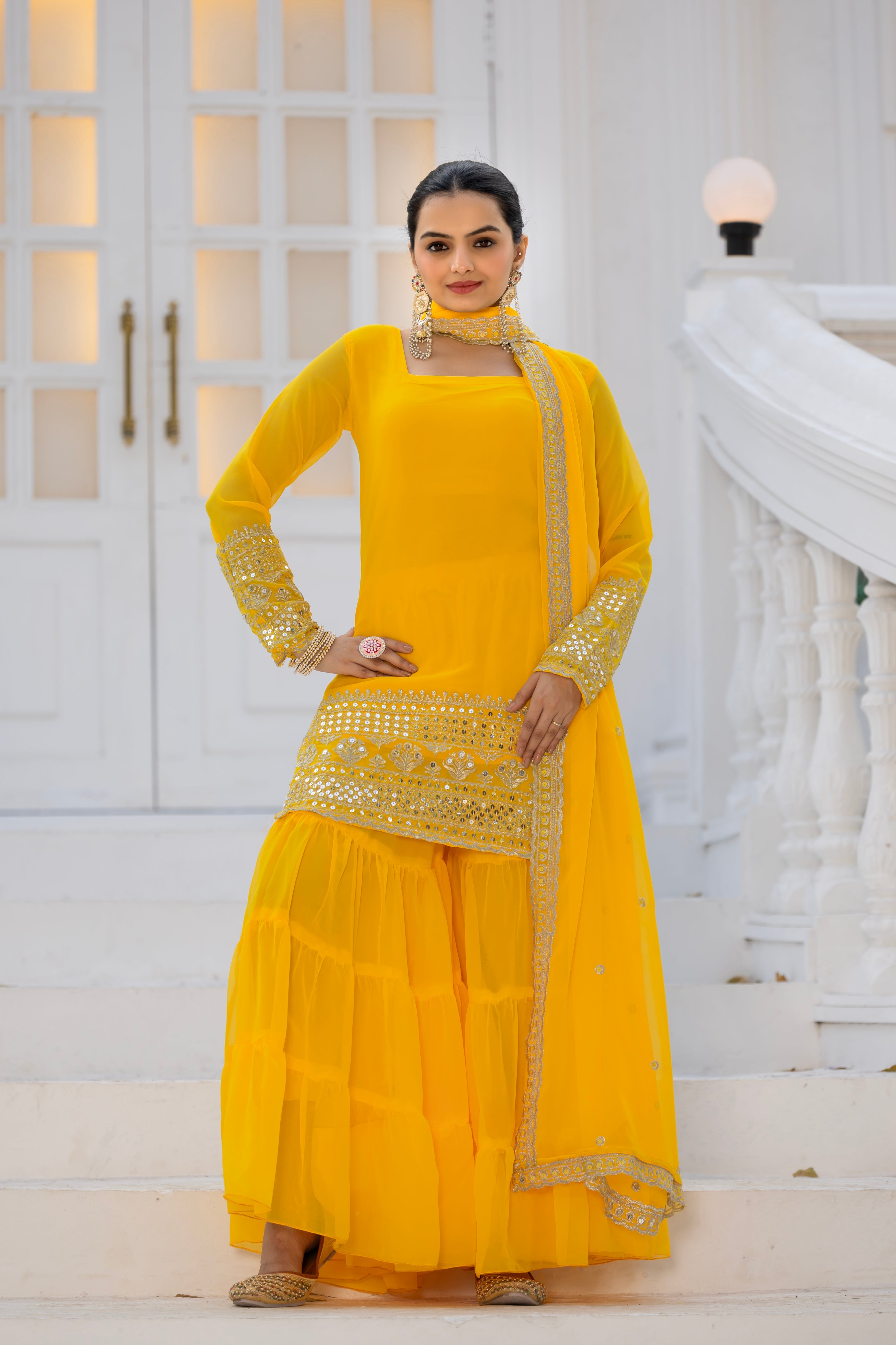 Georgette Yellow Embroidered Stitched sharara suit for women's