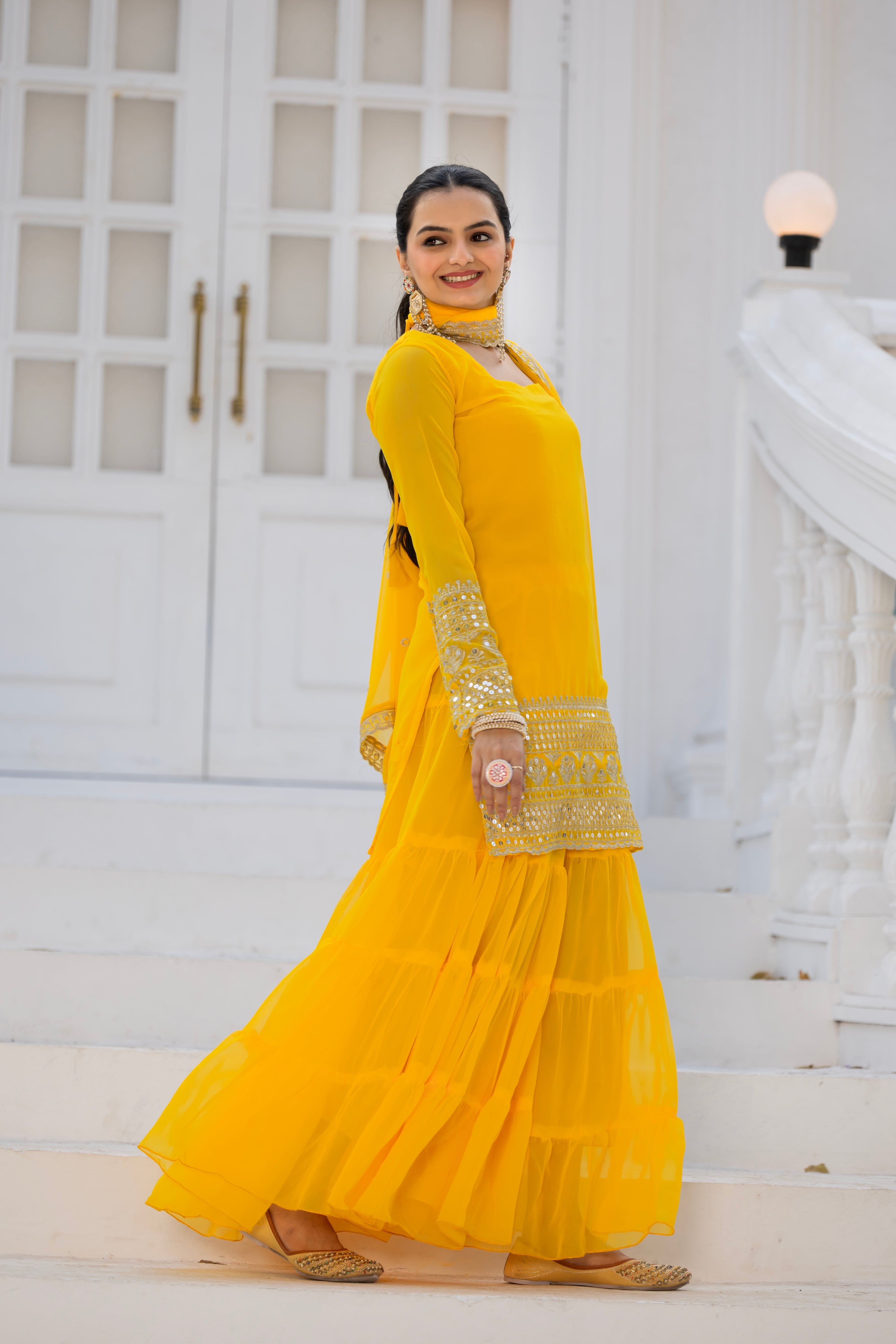 Georgette Yellow Embroidered Stitched sharara suit for women's
