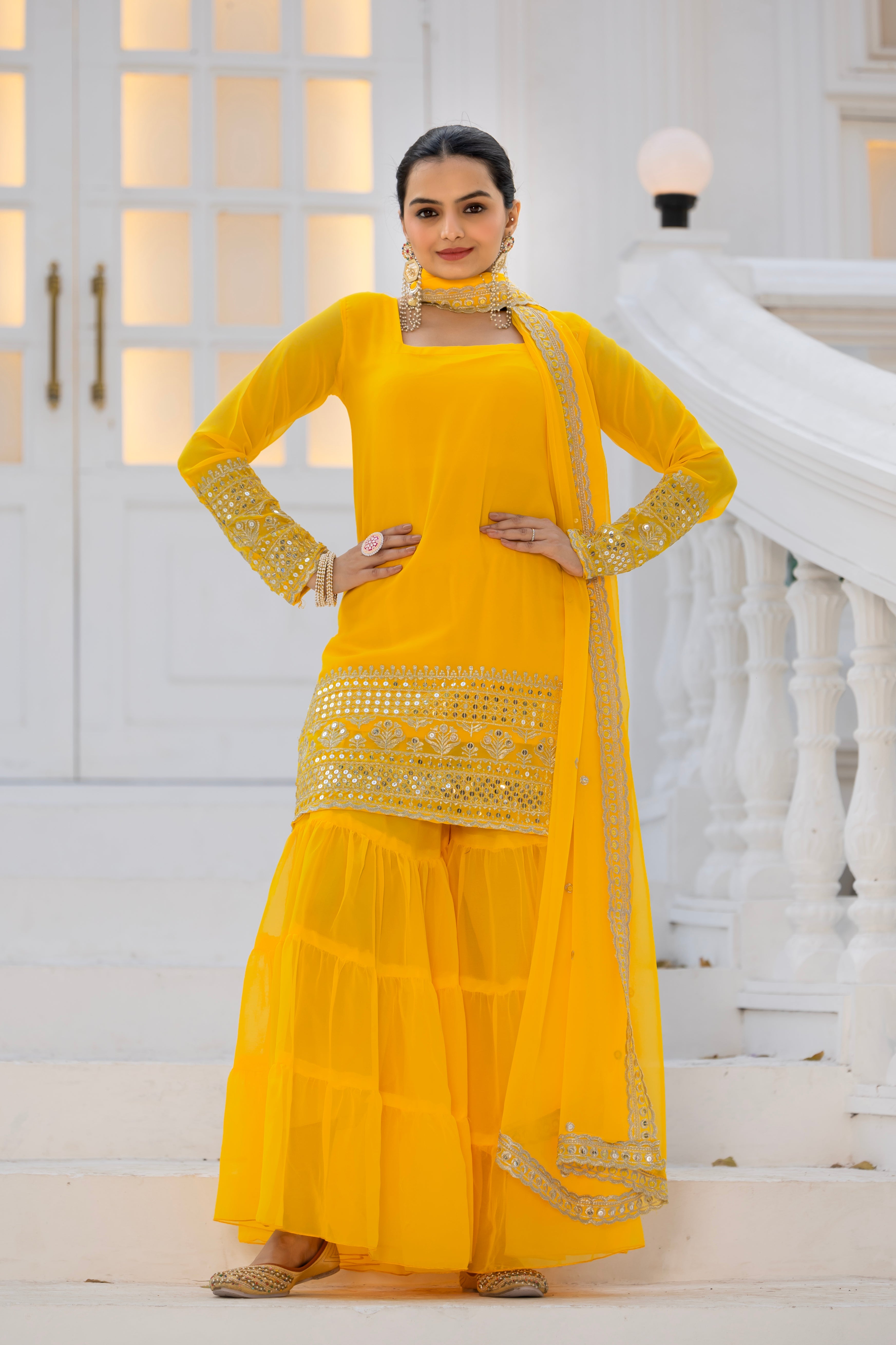 Georgette Yellow Embroidered Stitched sharara suit for women's