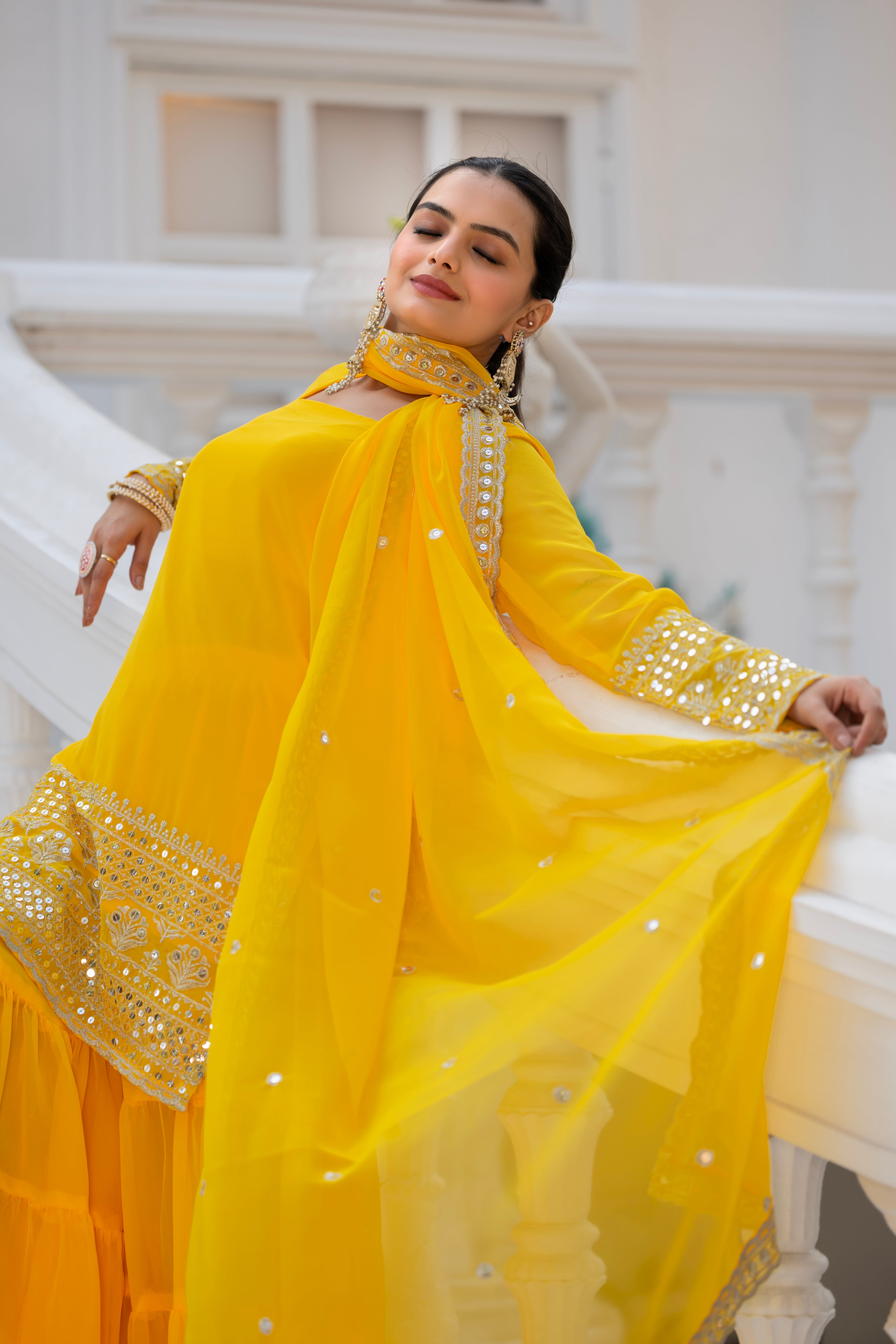 Georgette Yellow Embroidered Stitched sharara suit for women's