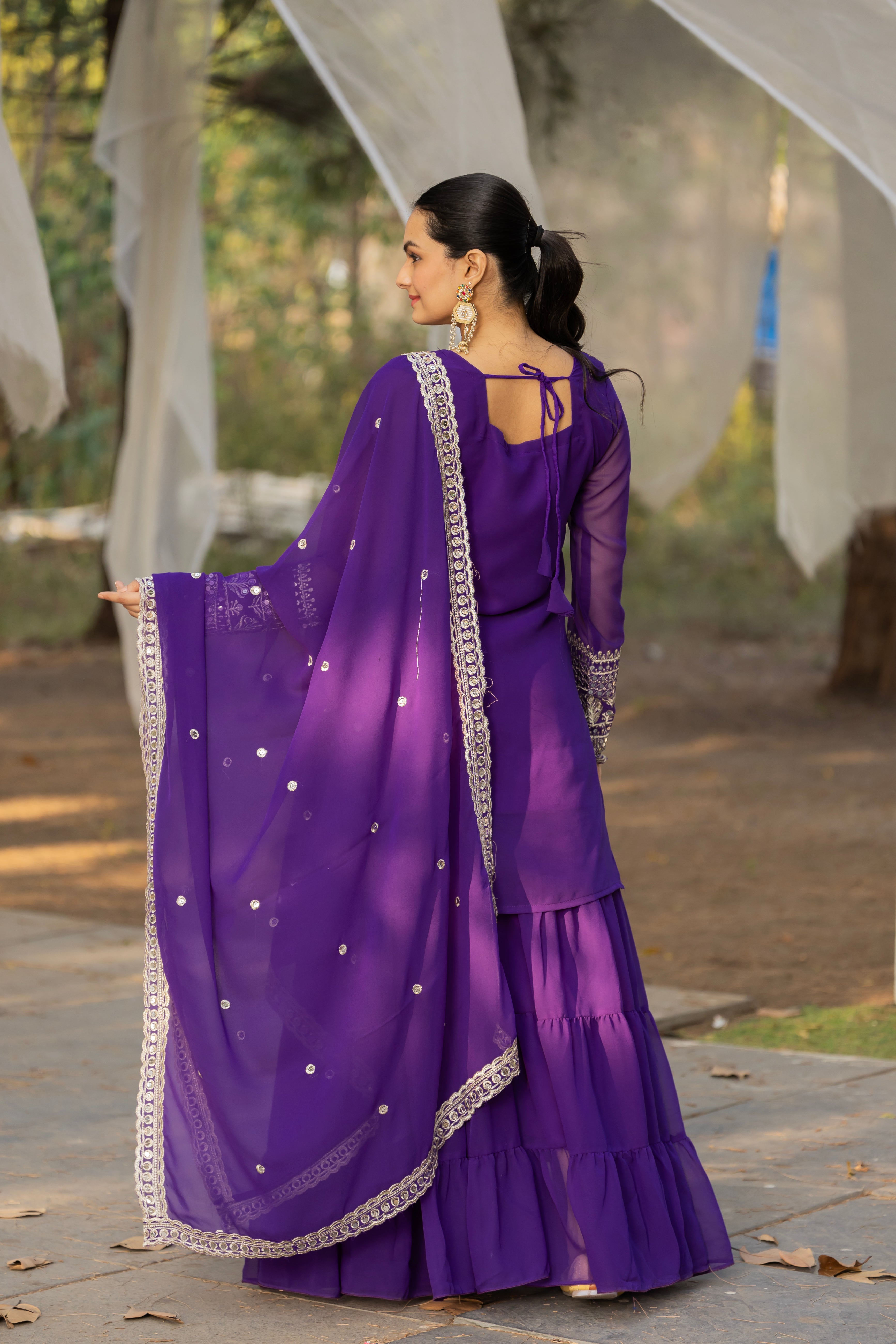 Georgette Light Purple Embroidered Stitched sharara suit for women's