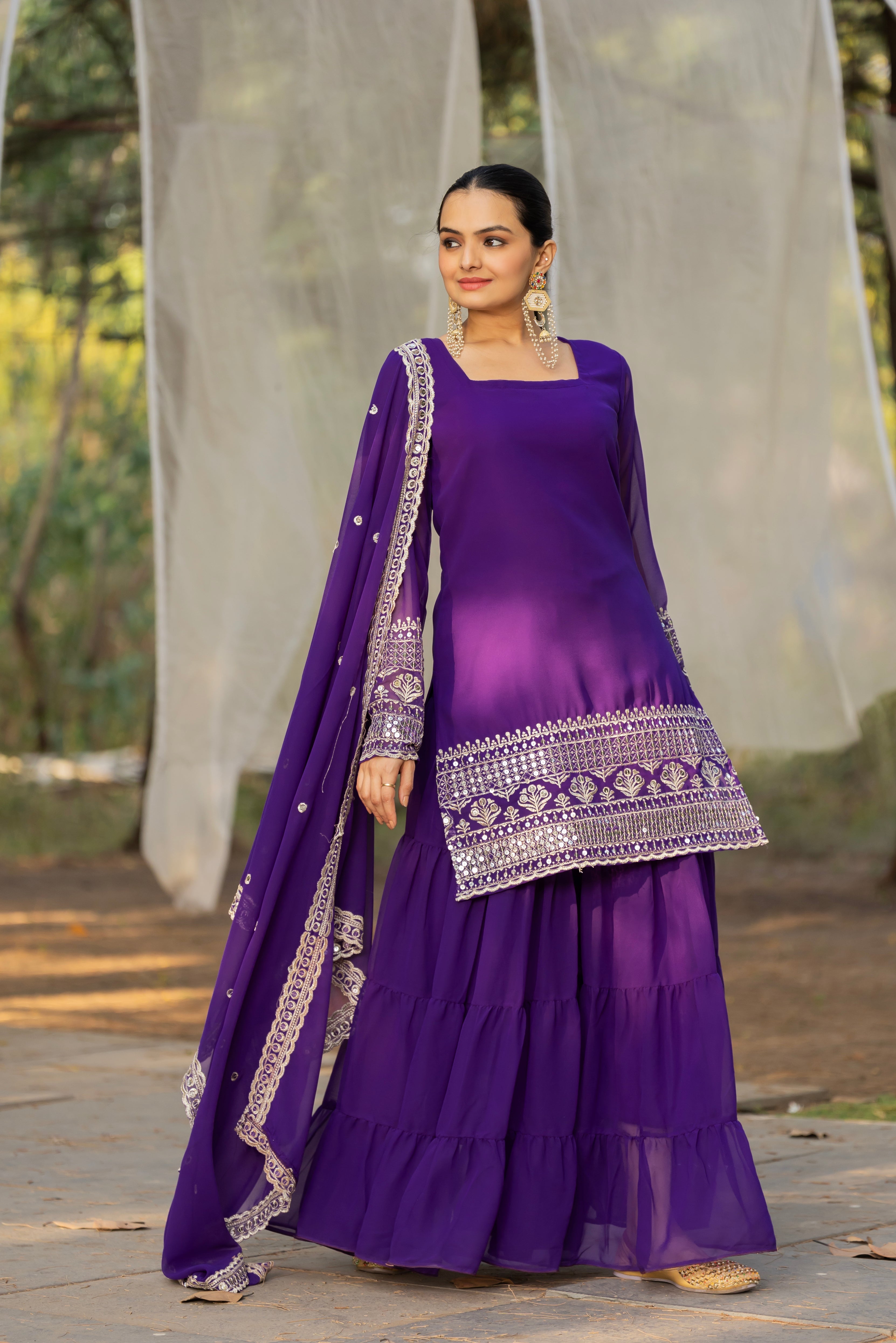 Georgette Light Purple Embroidered Stitched sharara suit for women's