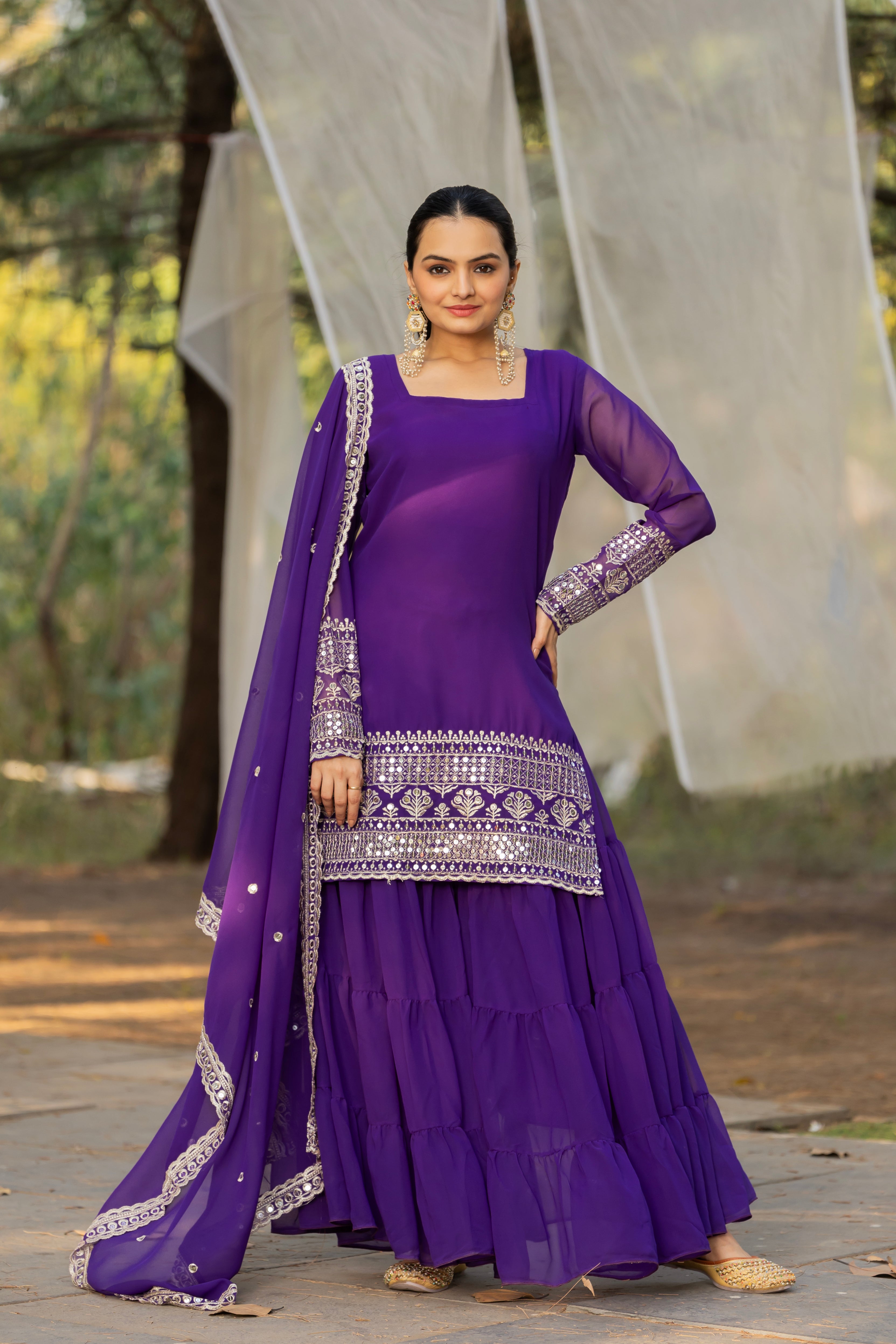 Georgette Light Purple Embroidered Stitched sharara suit for women's