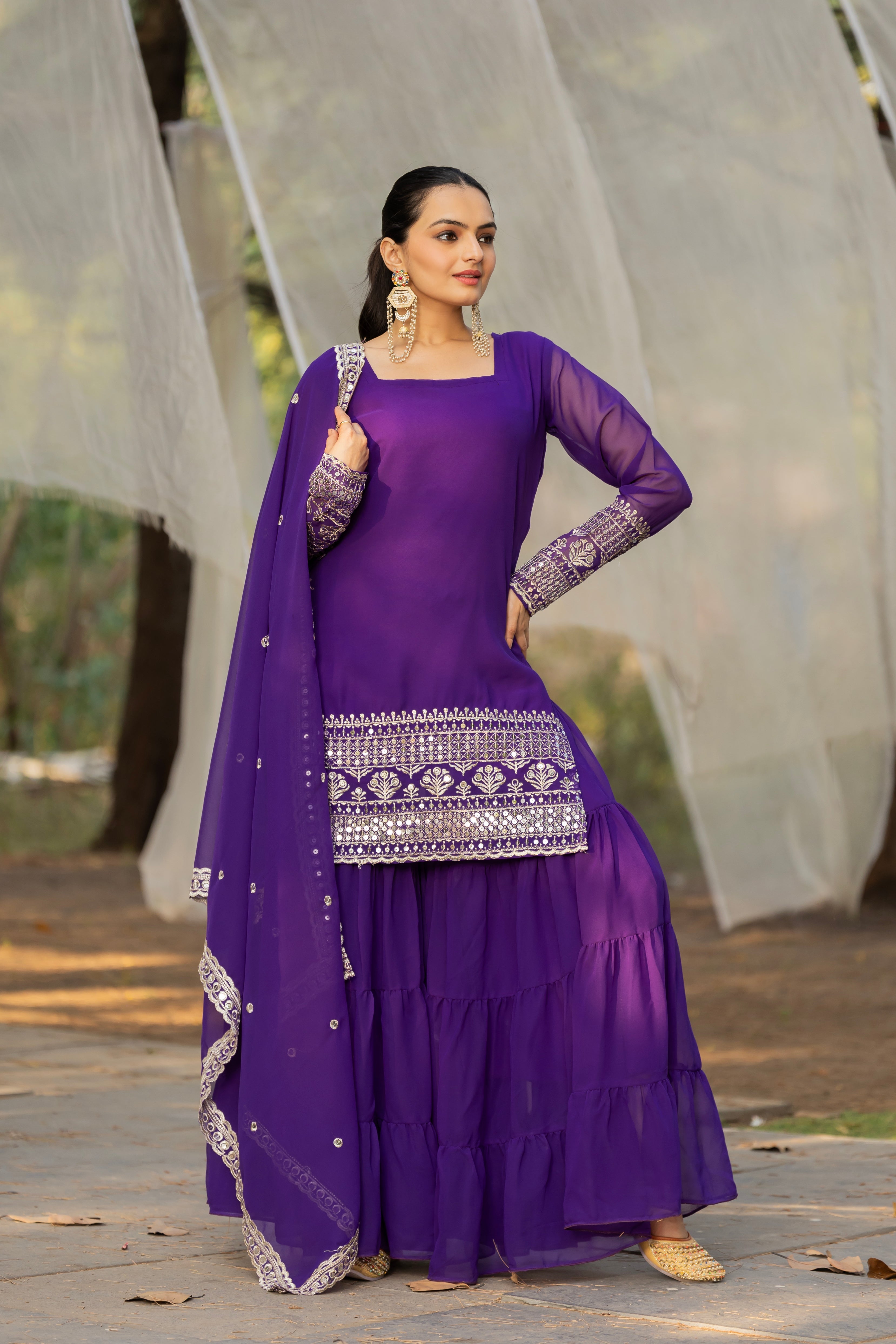 Georgette Light Purple Embroidered Stitched sharara suit for women's