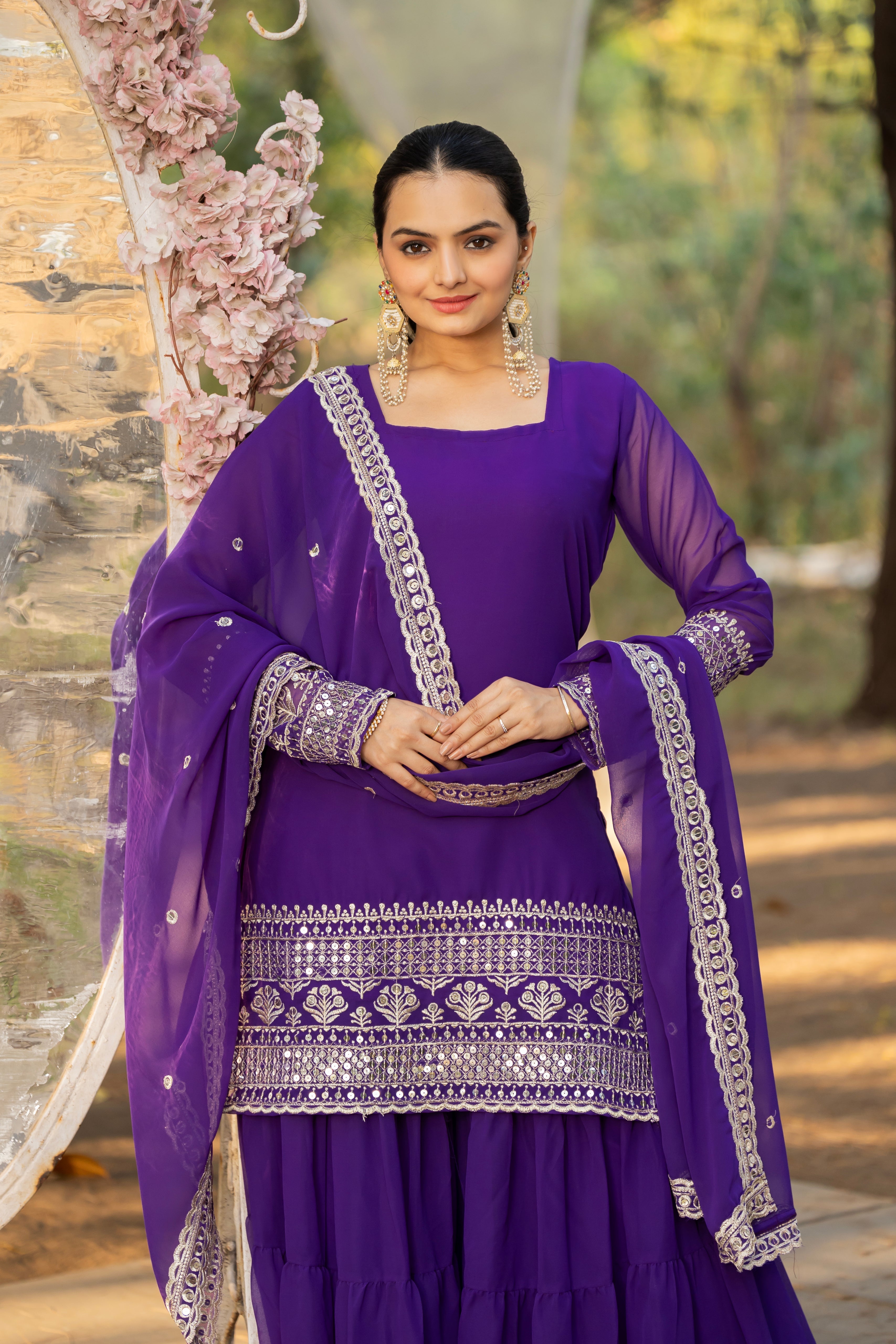 Georgette Light Purple Embroidered Stitched sharara suit for women's