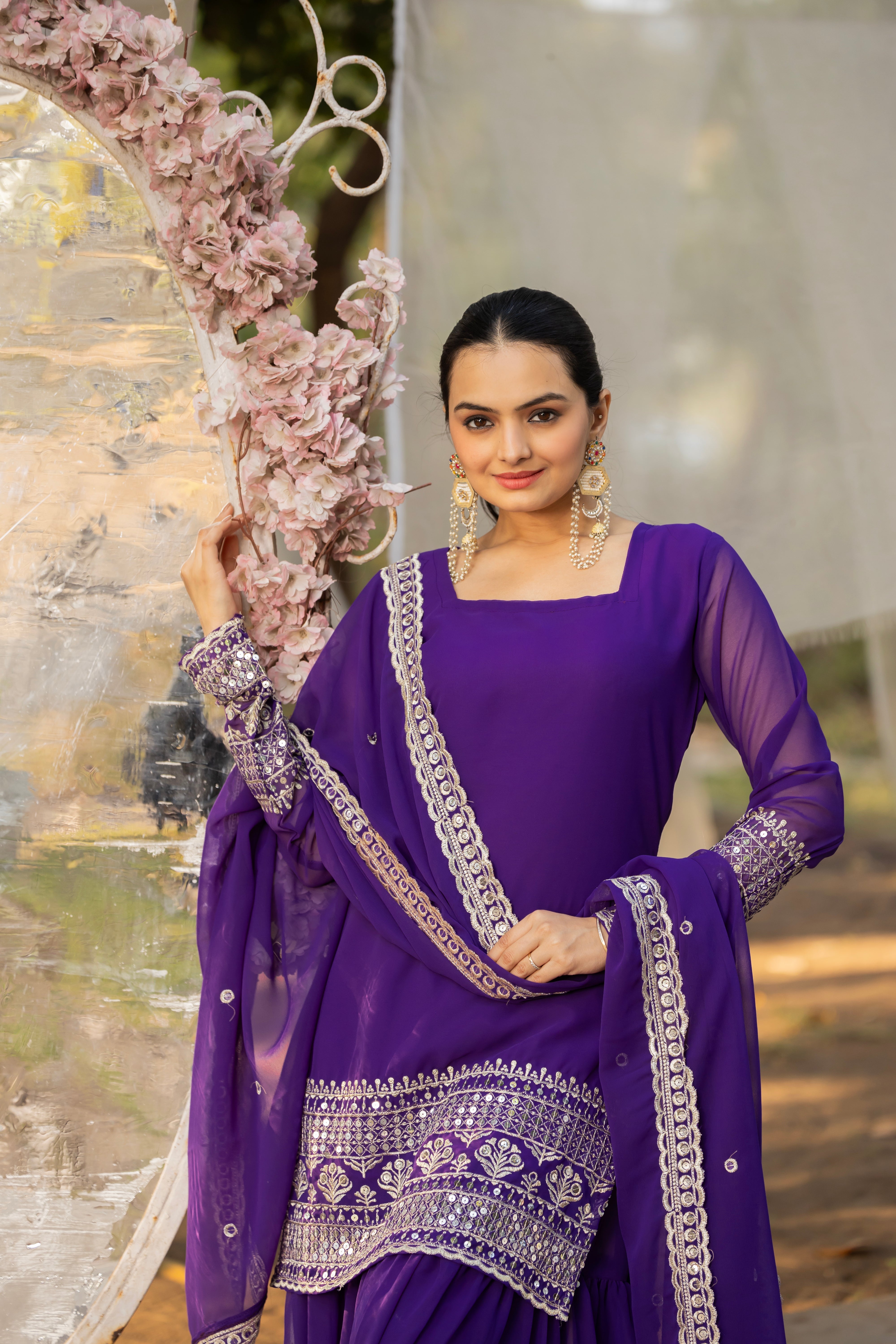 Georgette Light Purple Embroidered Stitched sharara suit for women's