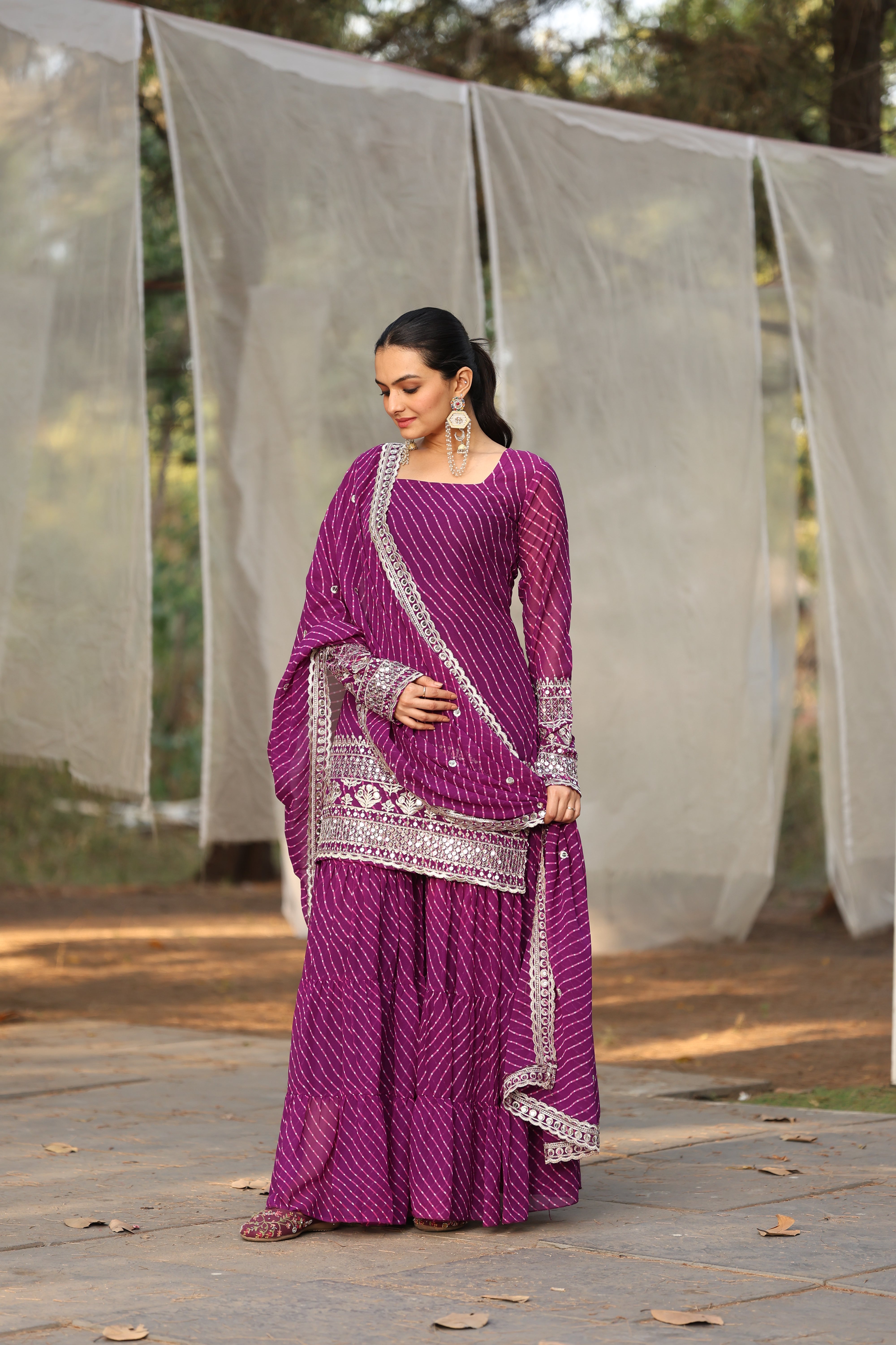 Georgette Purple Embroidered Stitched Leheriya sharara suit for women's
