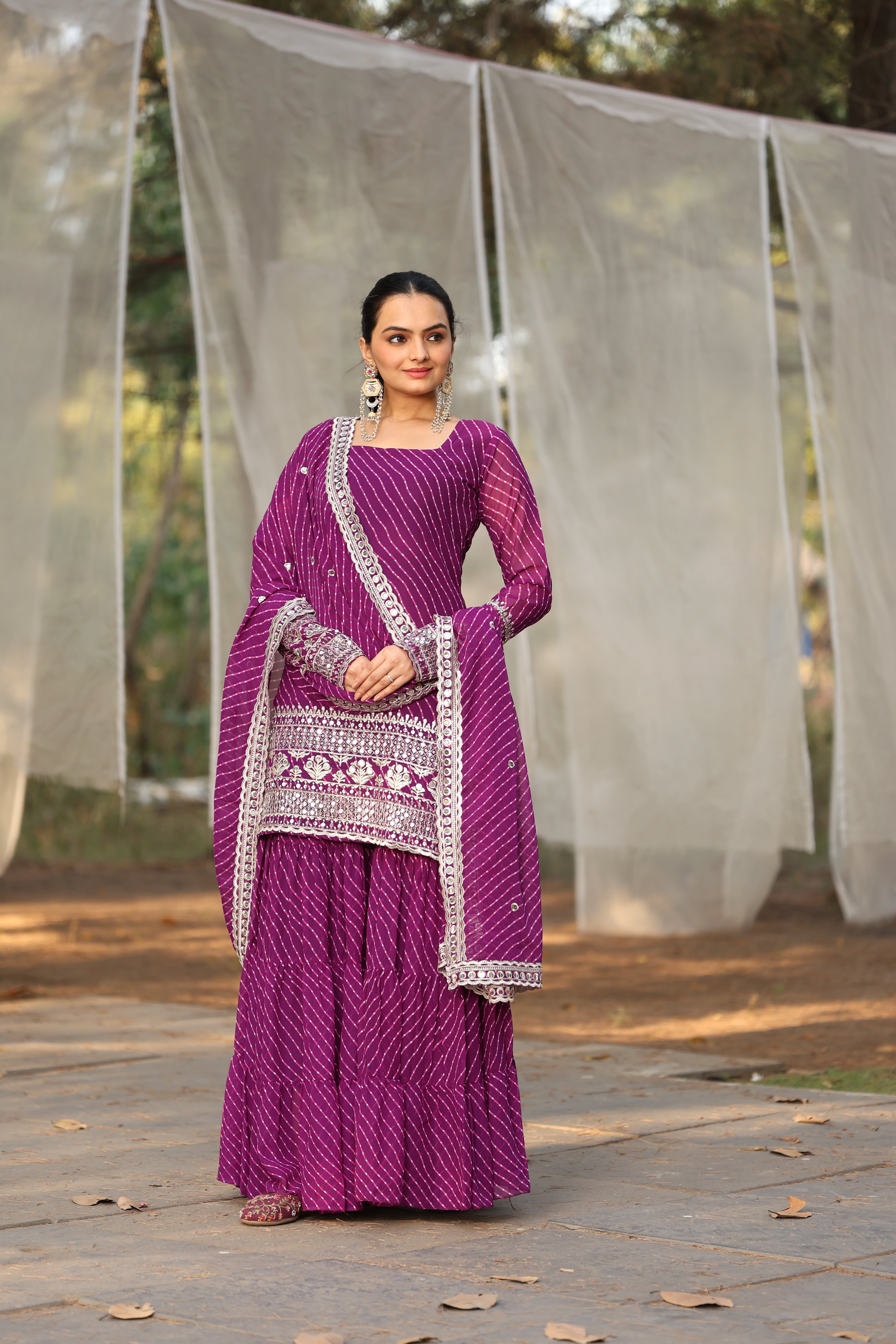 Georgette Purple Embroidered Stitched Leheriya sharara suit for women's