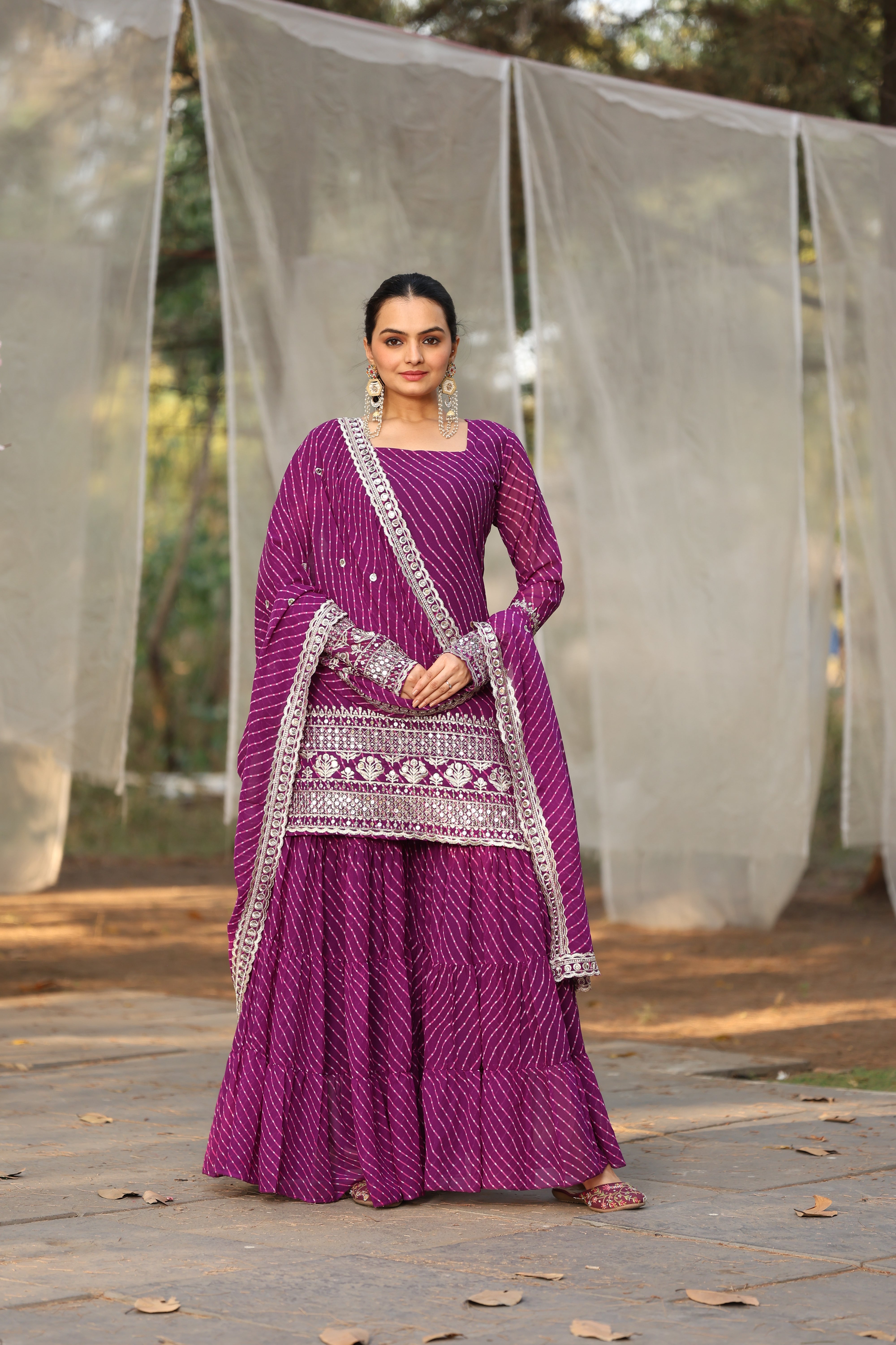 Georgette Purple Embroidered Stitched Leheriya sharara suit for women's