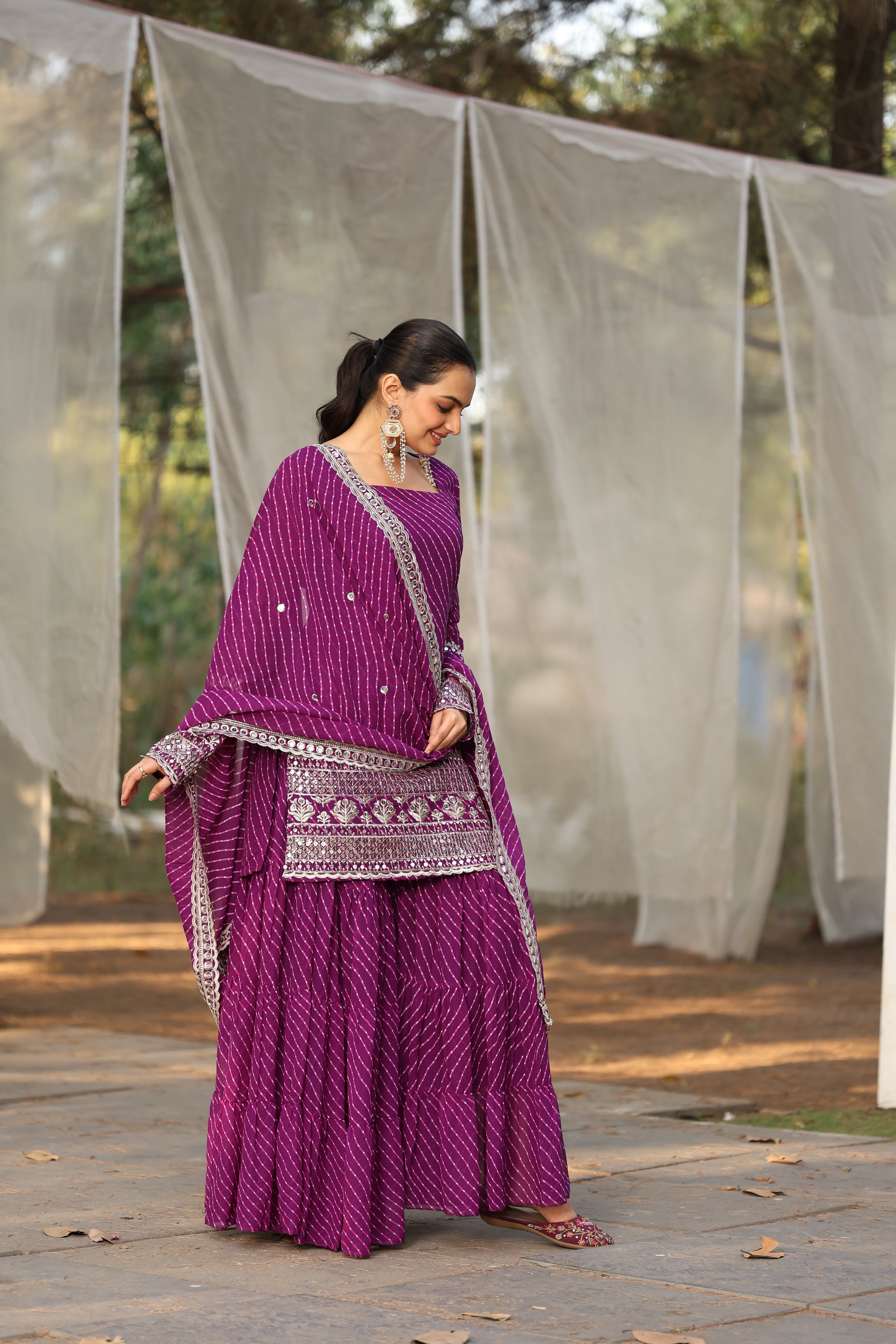 Georgette Purple Embroidered Stitched Leheriya sharara suit for women's