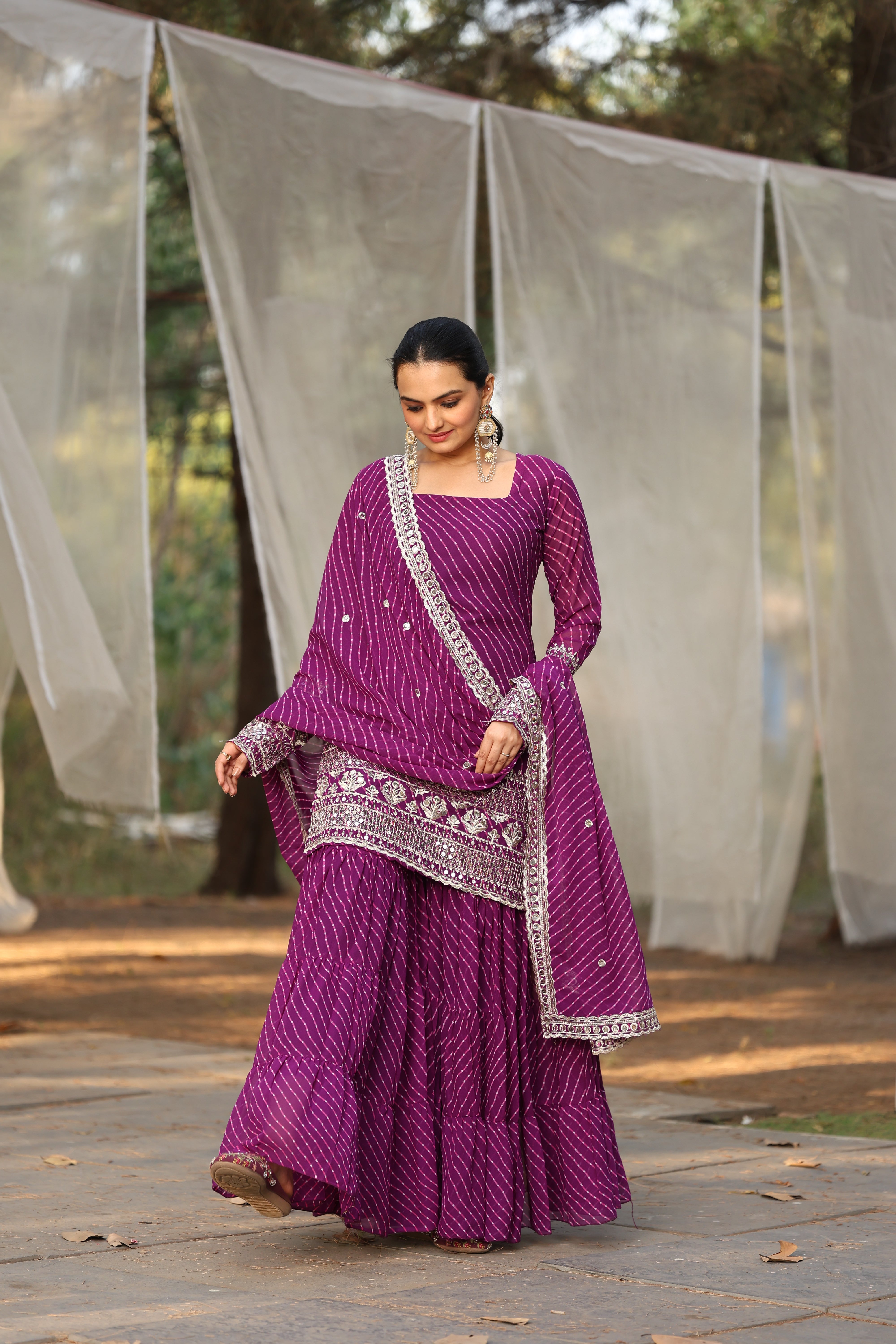 Georgette Purple Embroidered Stitched Leheriya sharara suit for women's