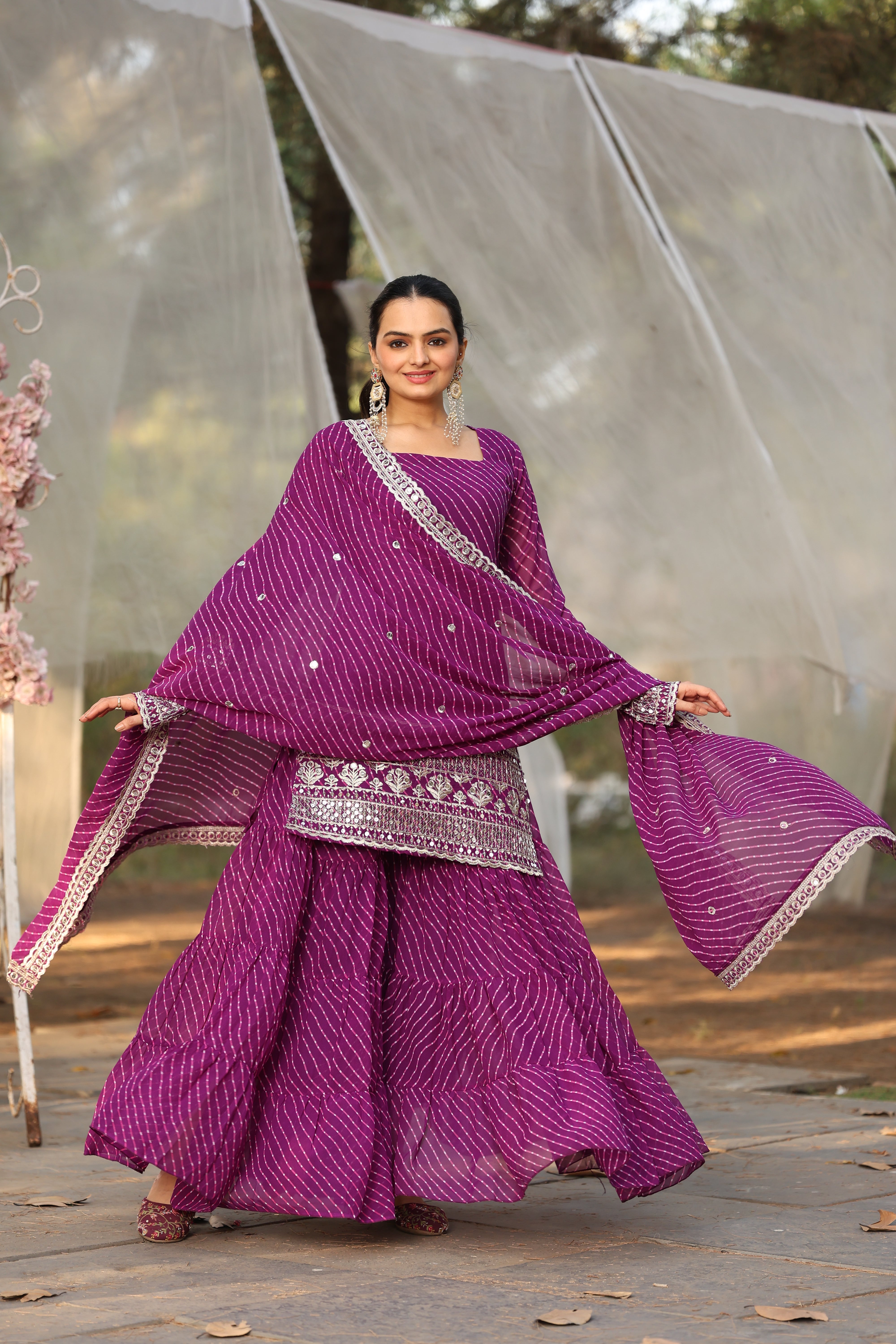 Georgette Purple Embroidered Stitched Leheriya sharara suit for women's