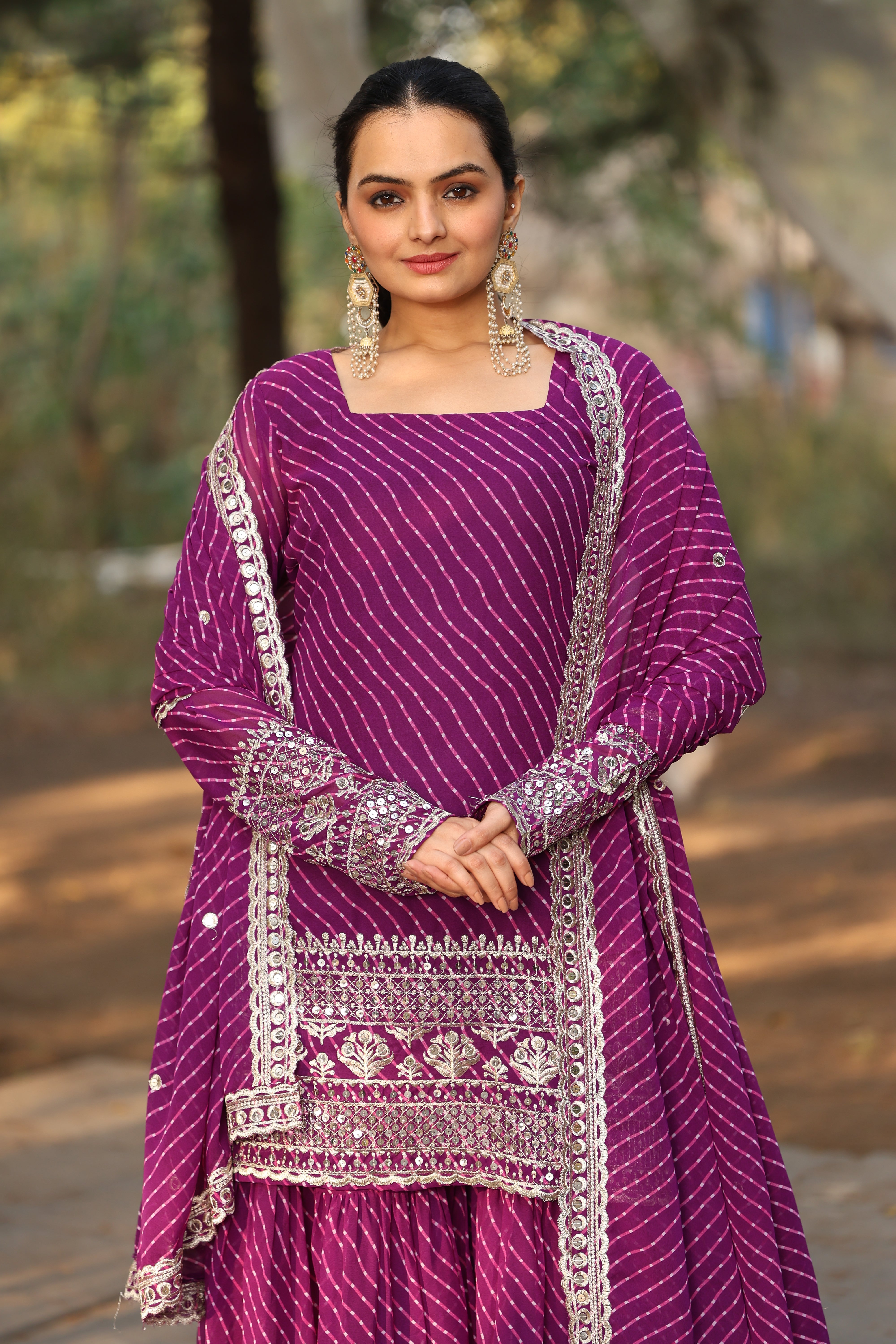 Georgette Purple Embroidered Stitched Leheriya sharara suit for women's