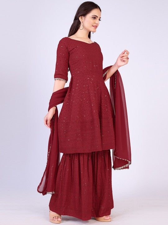 Maroon Chikankari Sharara Set For Women's