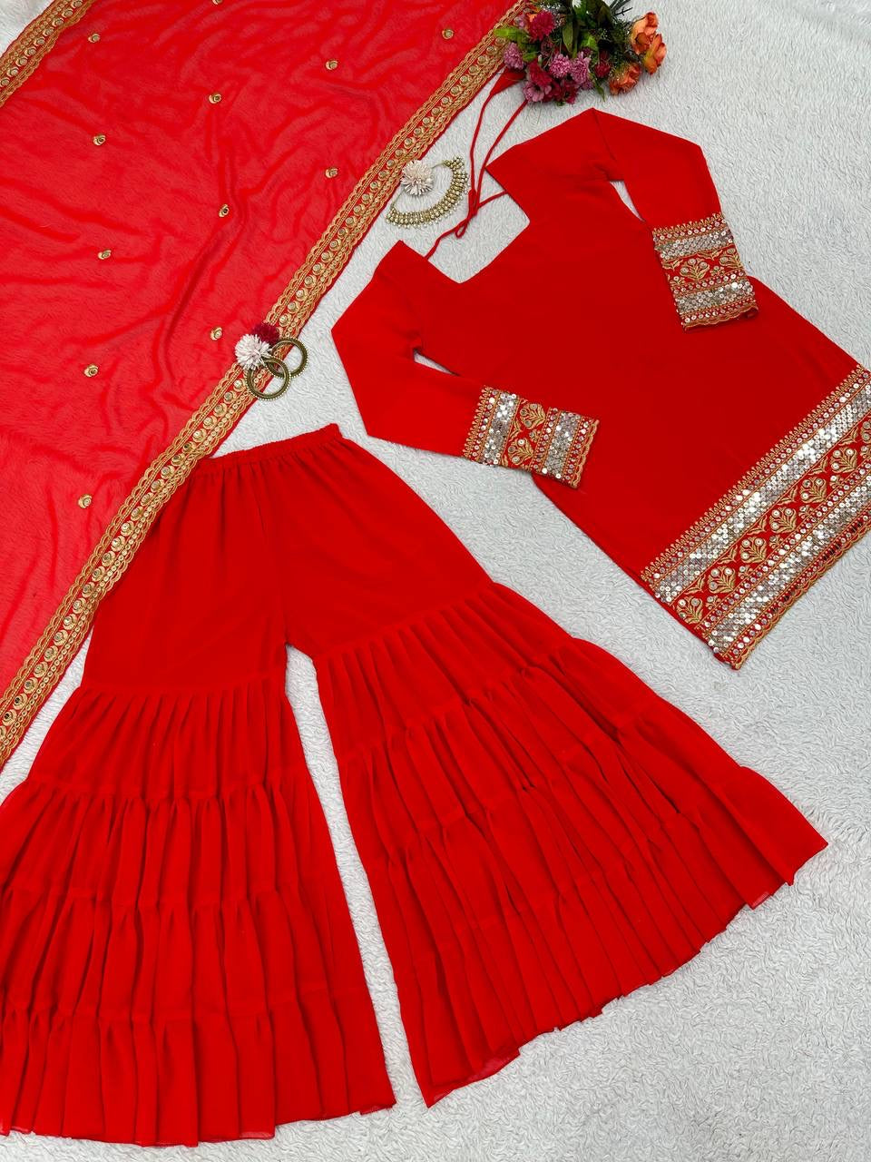 Stylish RED Heavy Georgette Embroidered Sharara Pair Set
