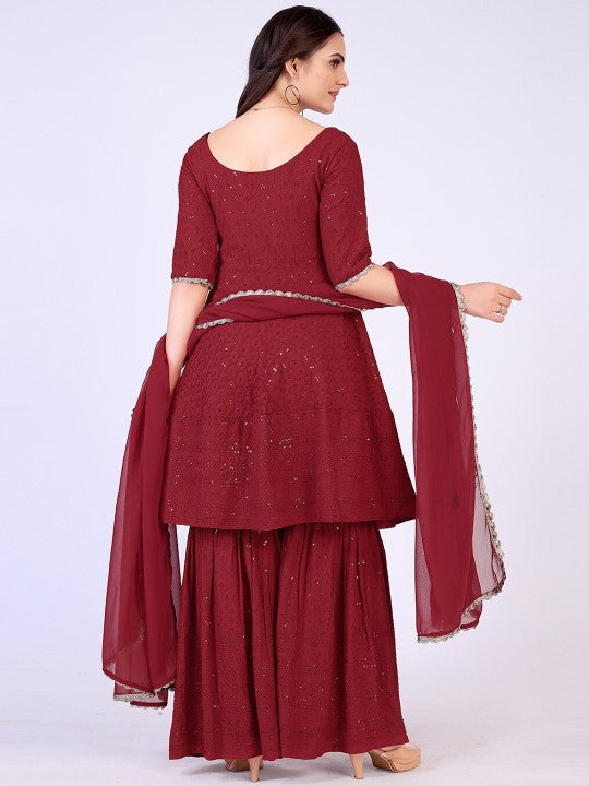 Maroon Chikankari Sharara Set For Women's