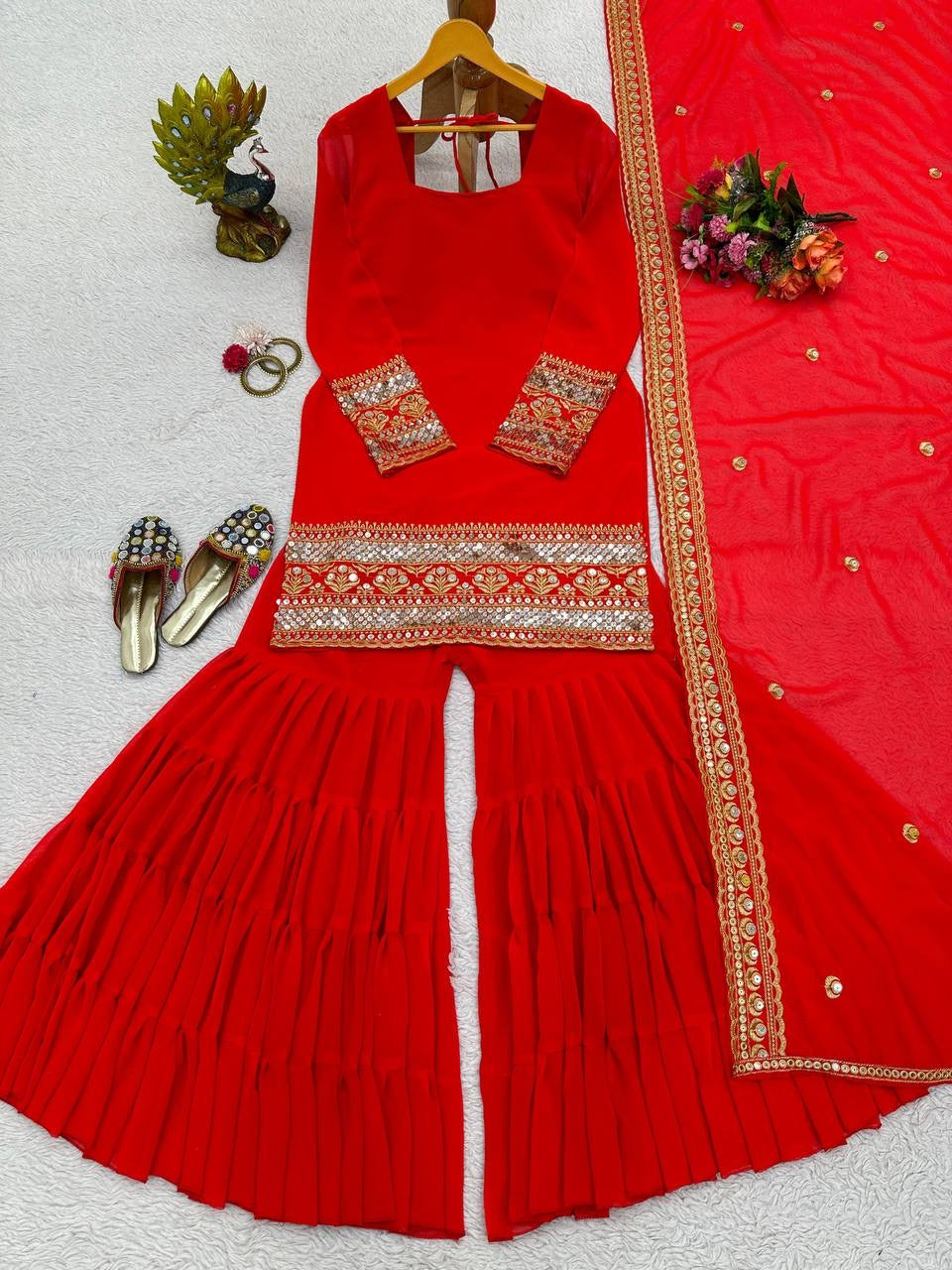 Stylish RED Heavy Georgette Embroidered Sharara Pair Set