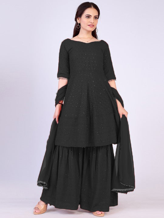 Black Chikankari Sharara Set For Women's