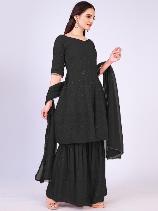Black Chikankari Sharara Set For Women's