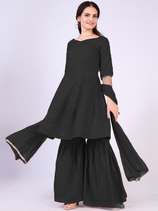 Black Chikankari Sharara Set For Women's
