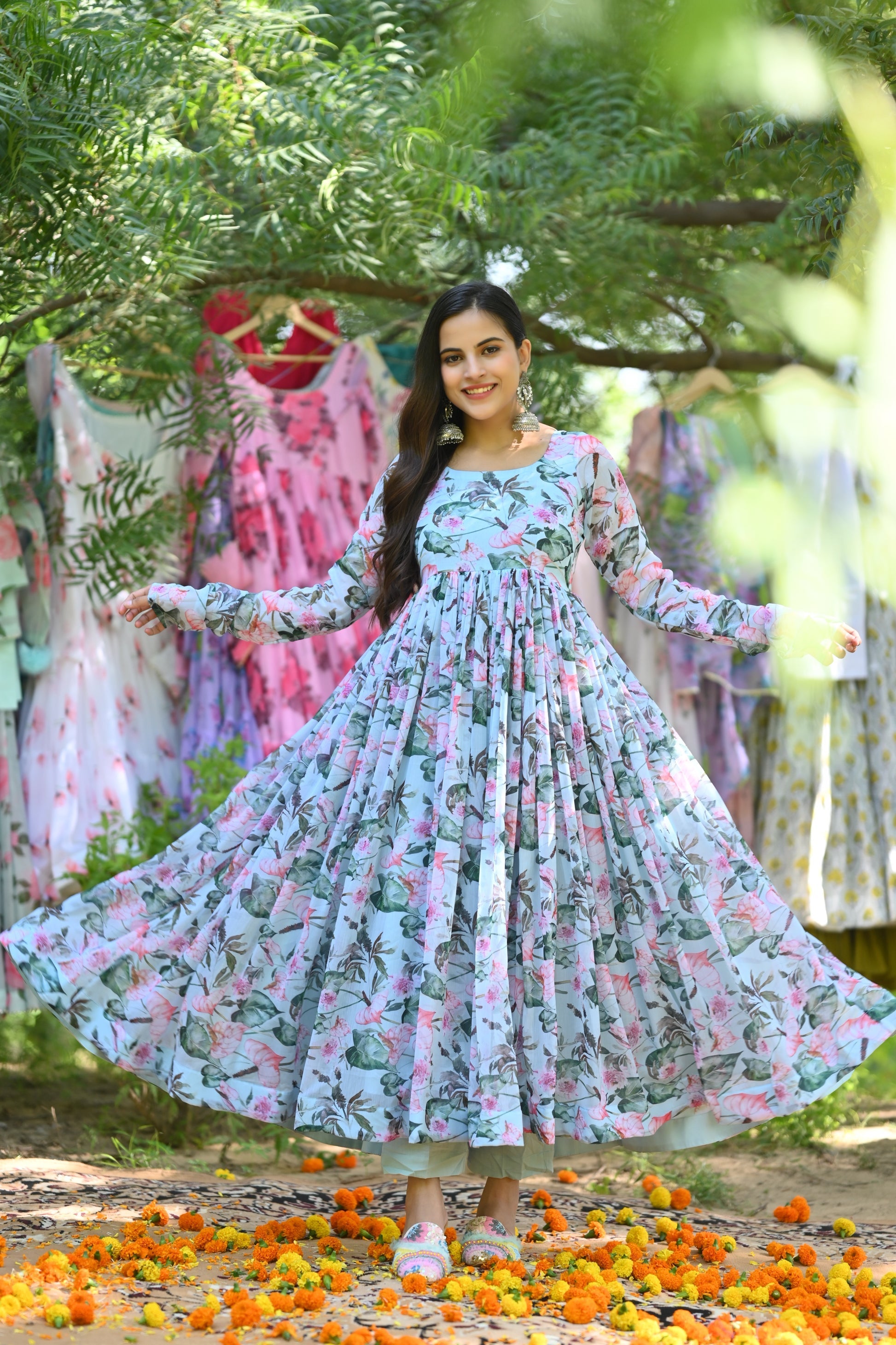 Coral Anarkali Gown Set