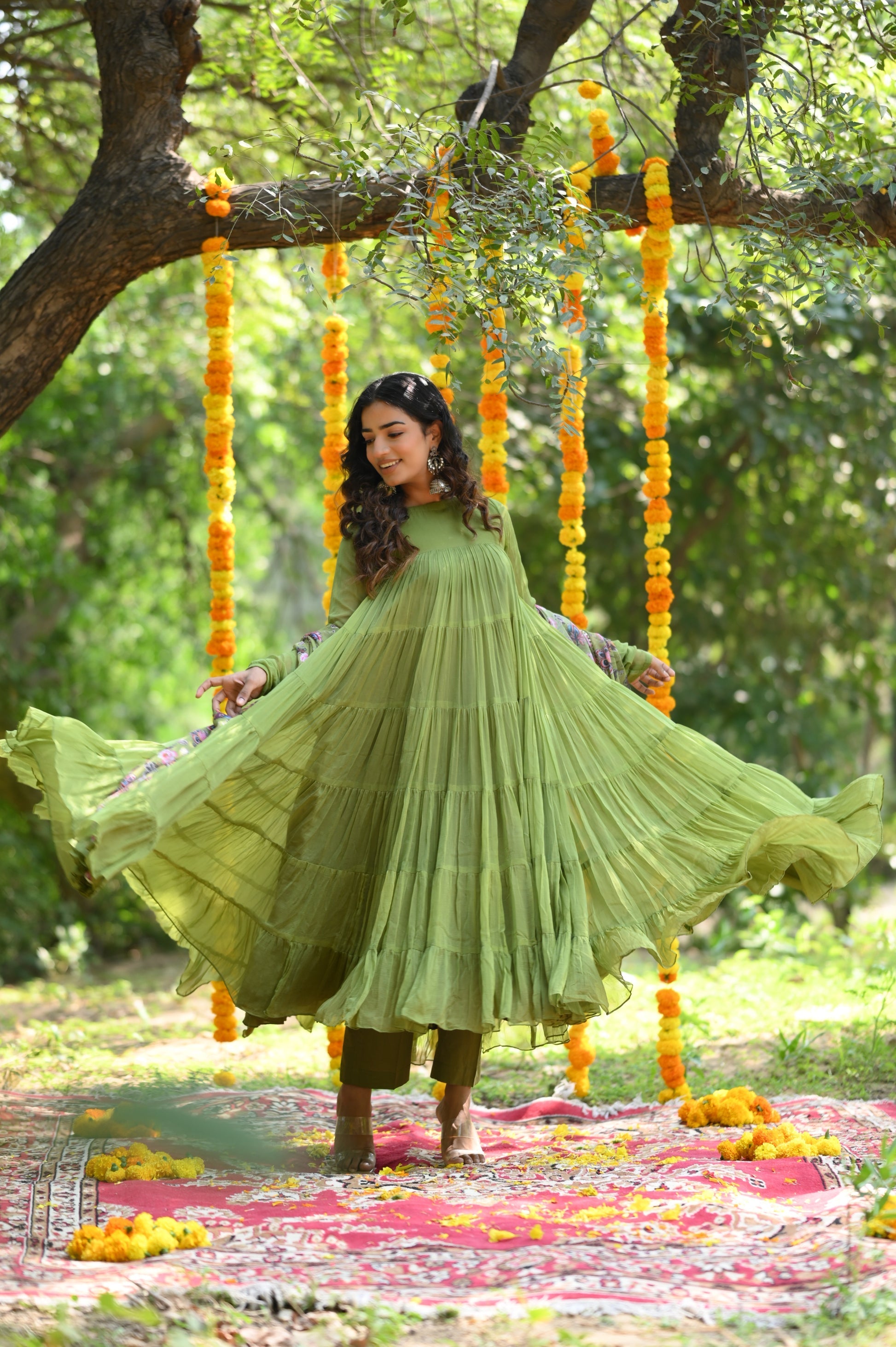 OLIVE GREEN TIER PATTERN ANARKALI