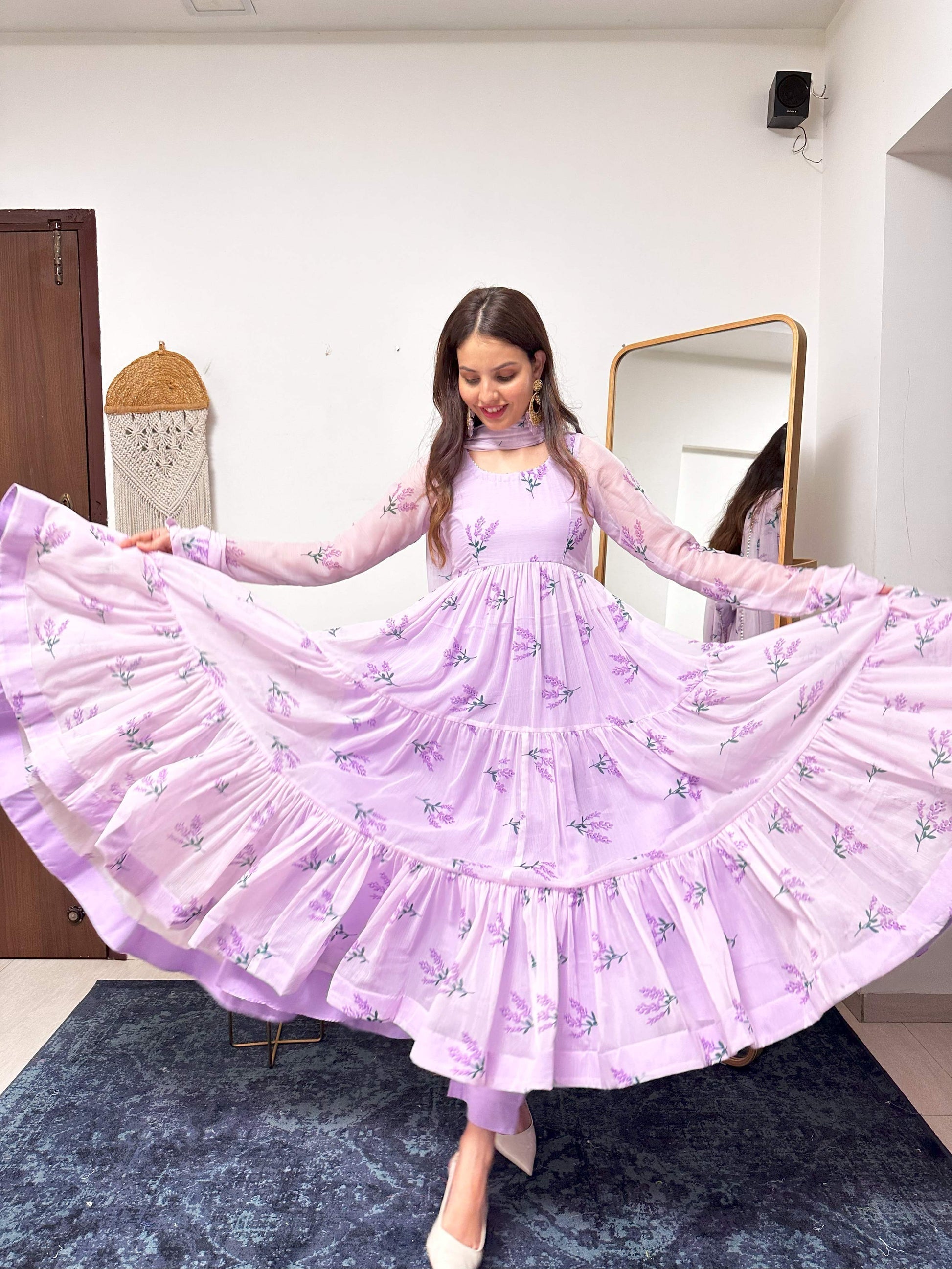 Mini Lavender Floral Printed Anarkali Set