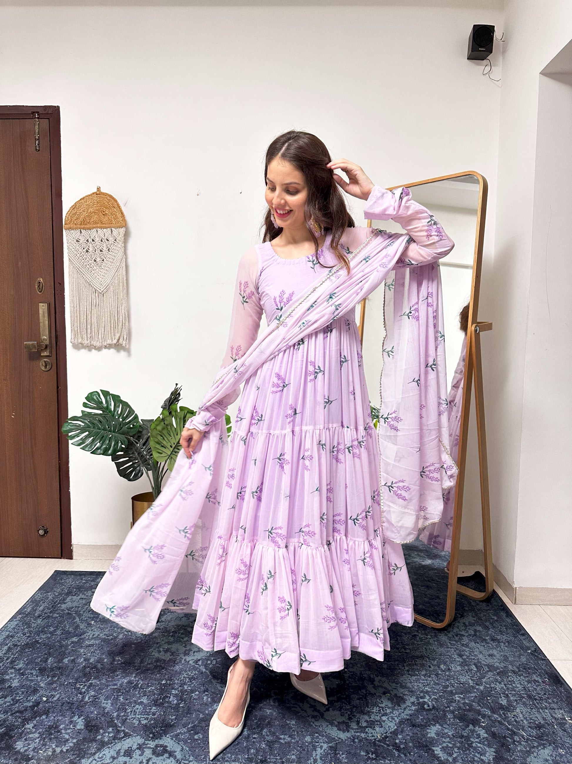 Mini Lavender Floral Printed Anarkali Set