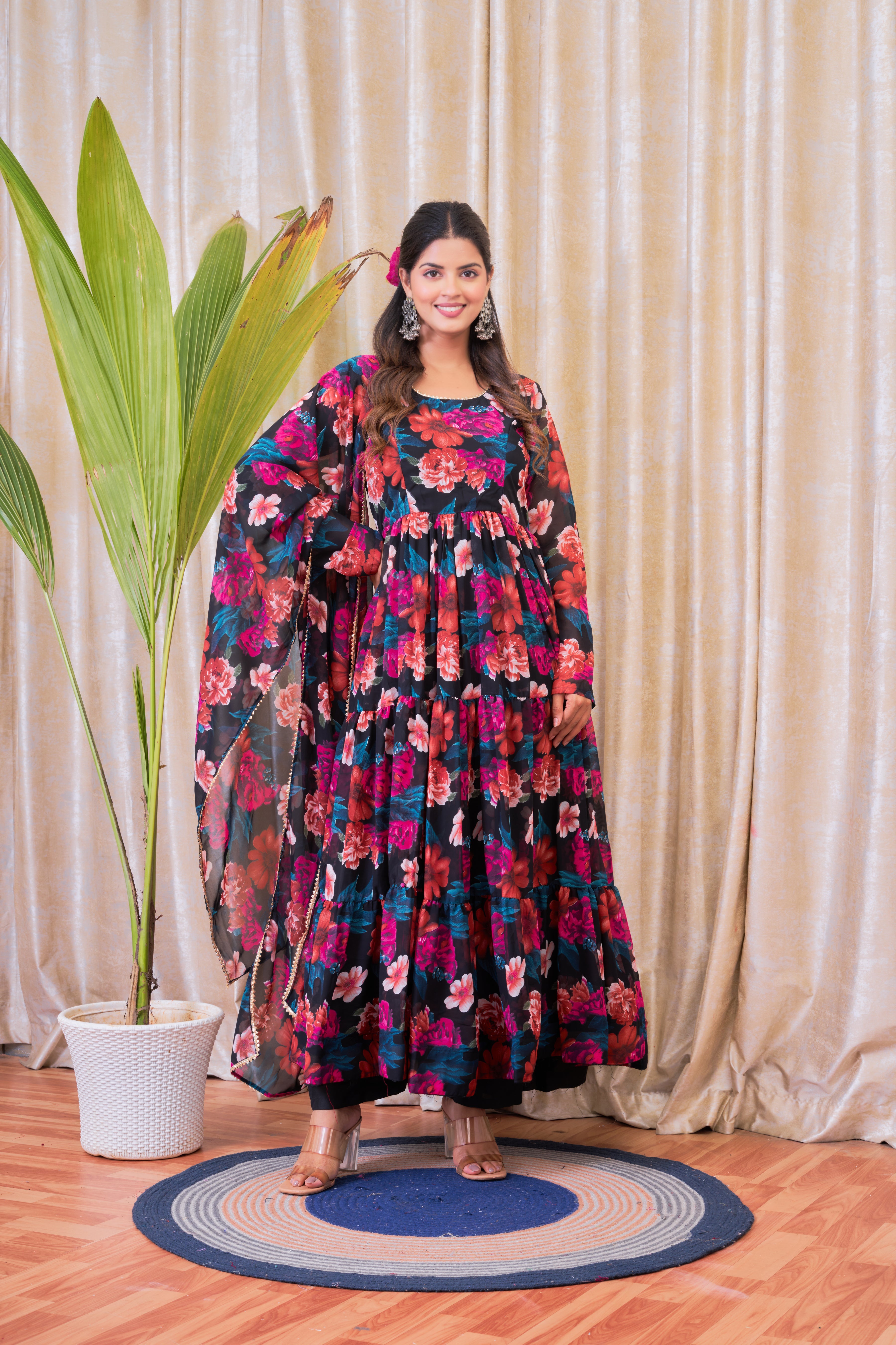 Mix Floral Printed Anarkali Set