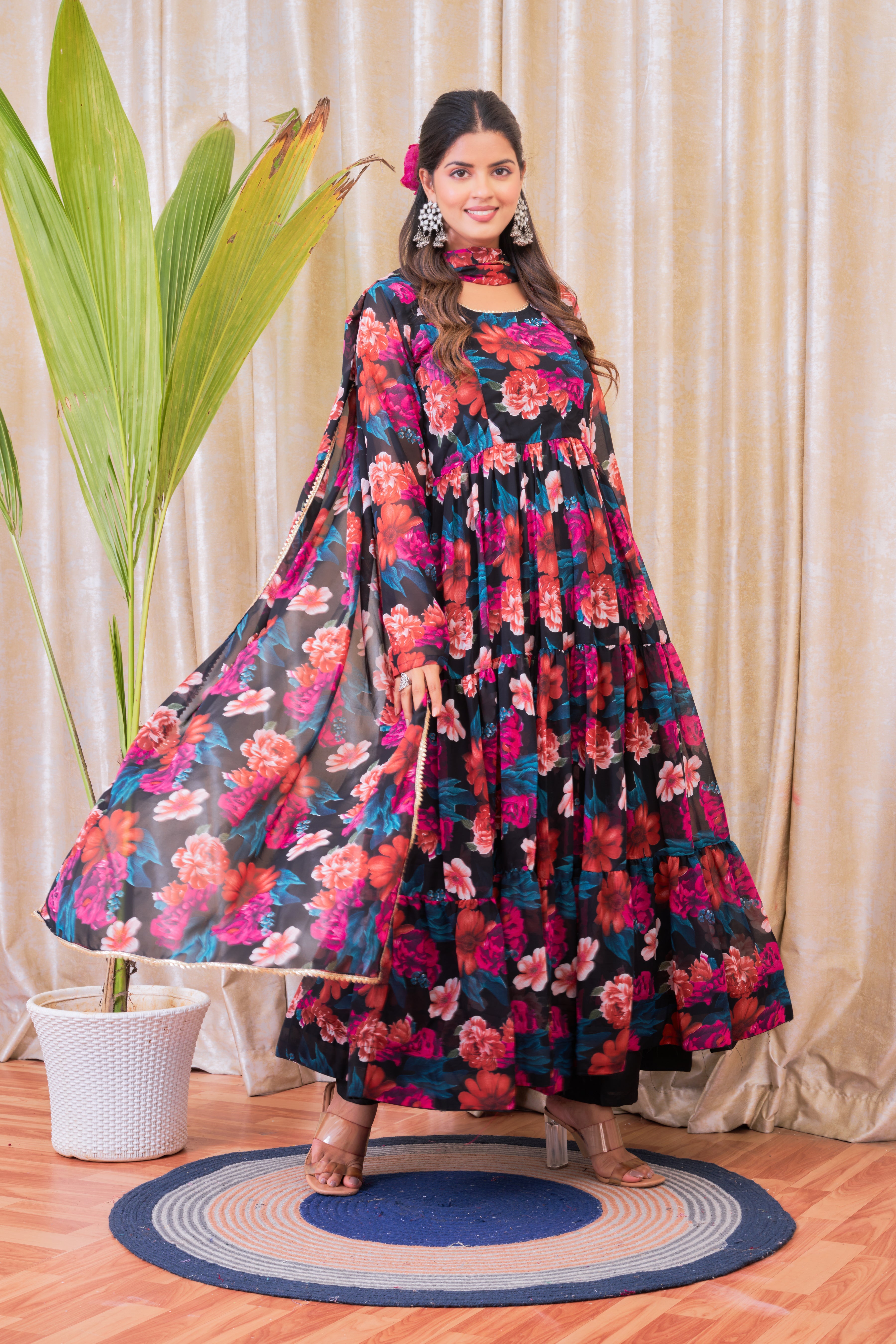 Mix Floral Printed Anarkali Set