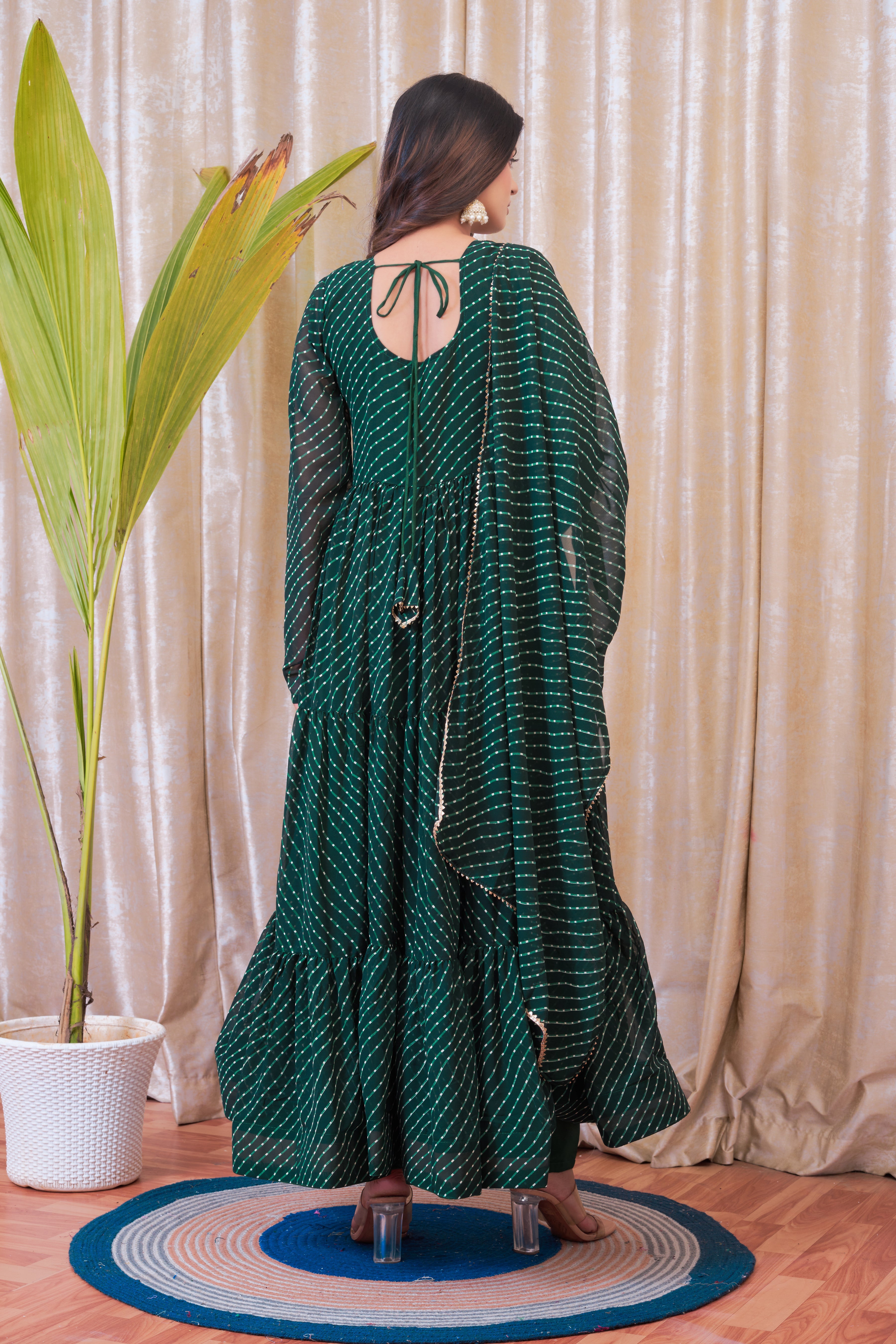 Green Leheriya Printed Anarkali Set