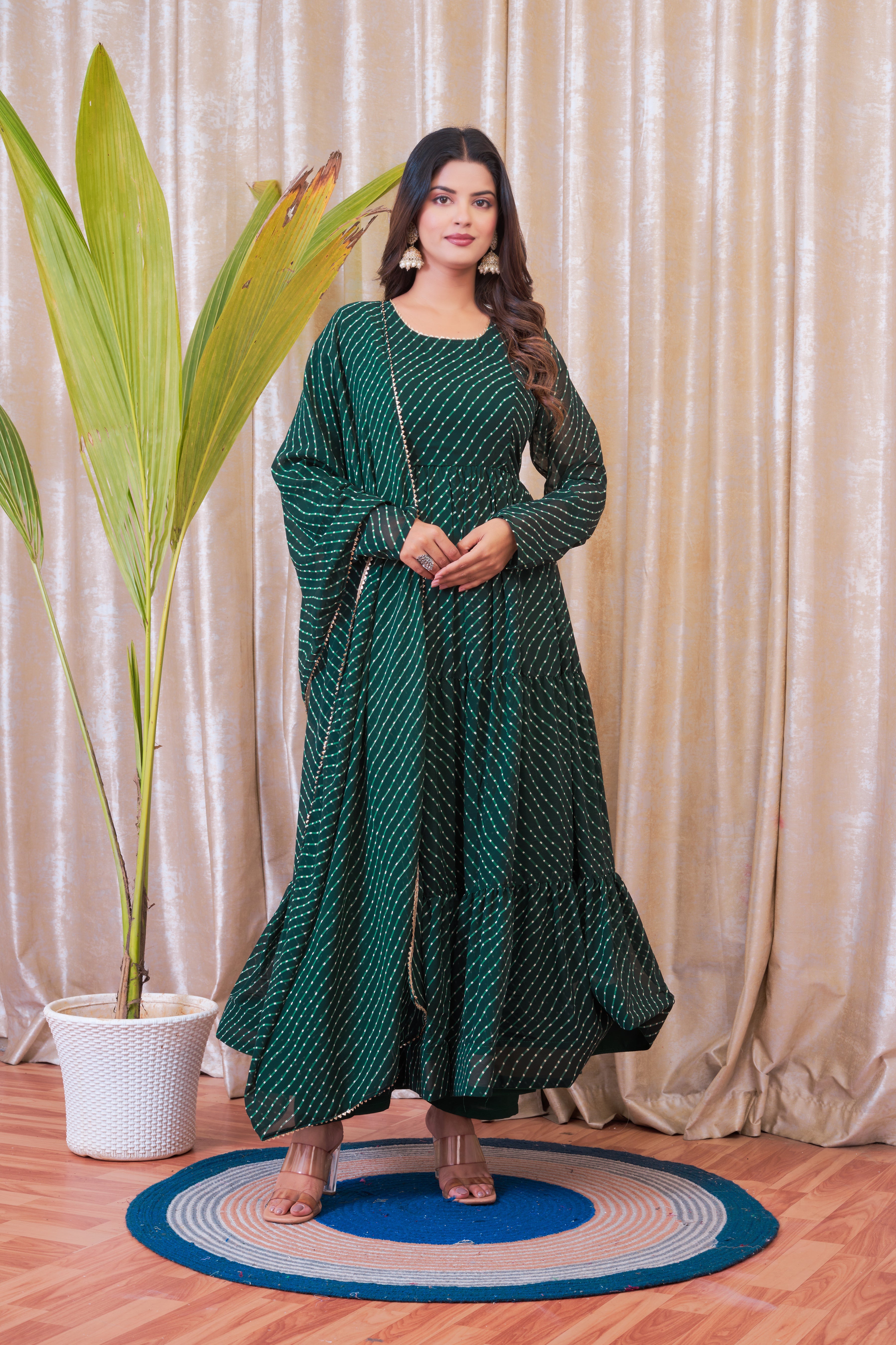 Green Leheriya Printed Anarkali Set