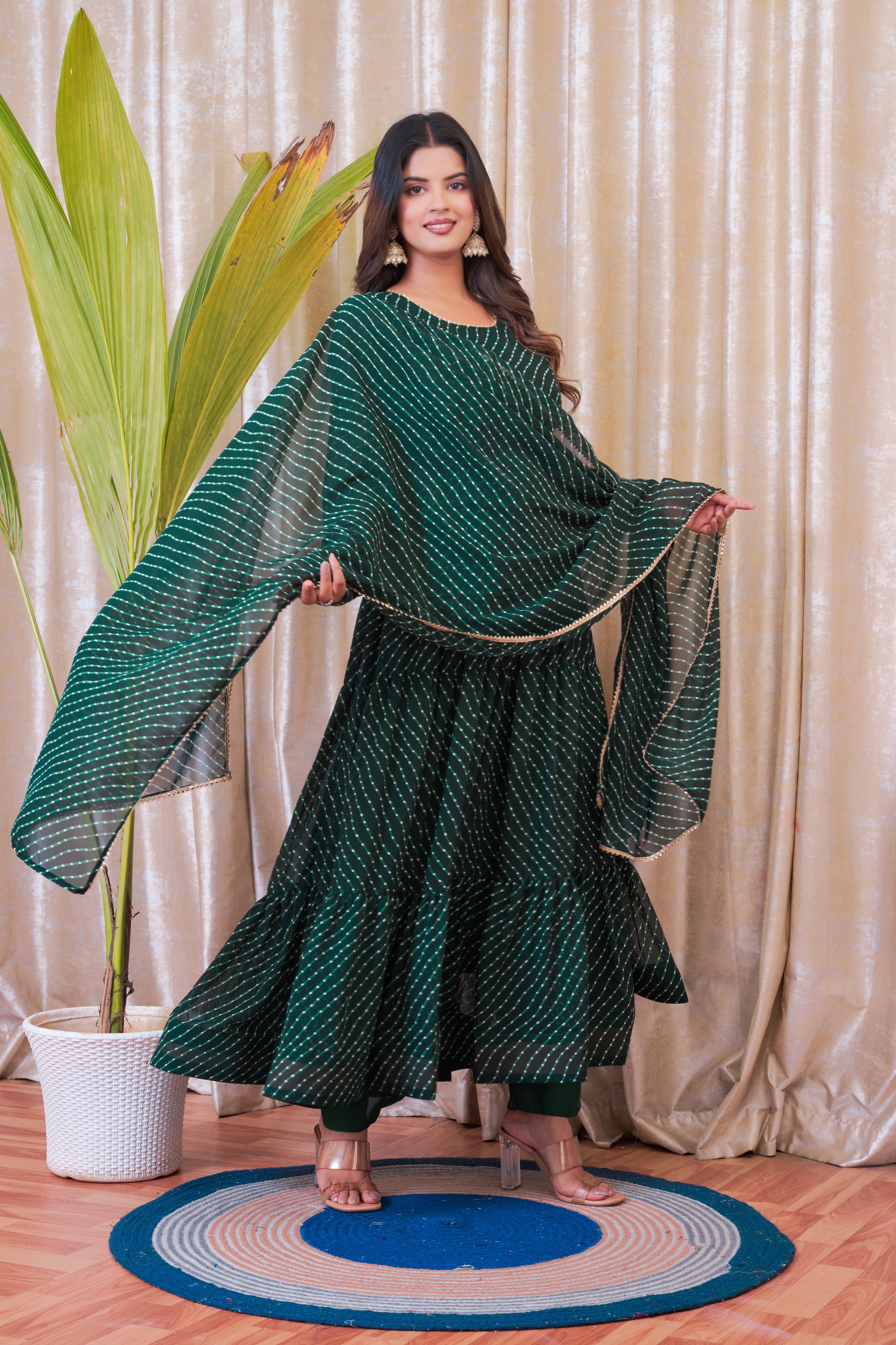 Green Leheriya Printed Anarkali Set