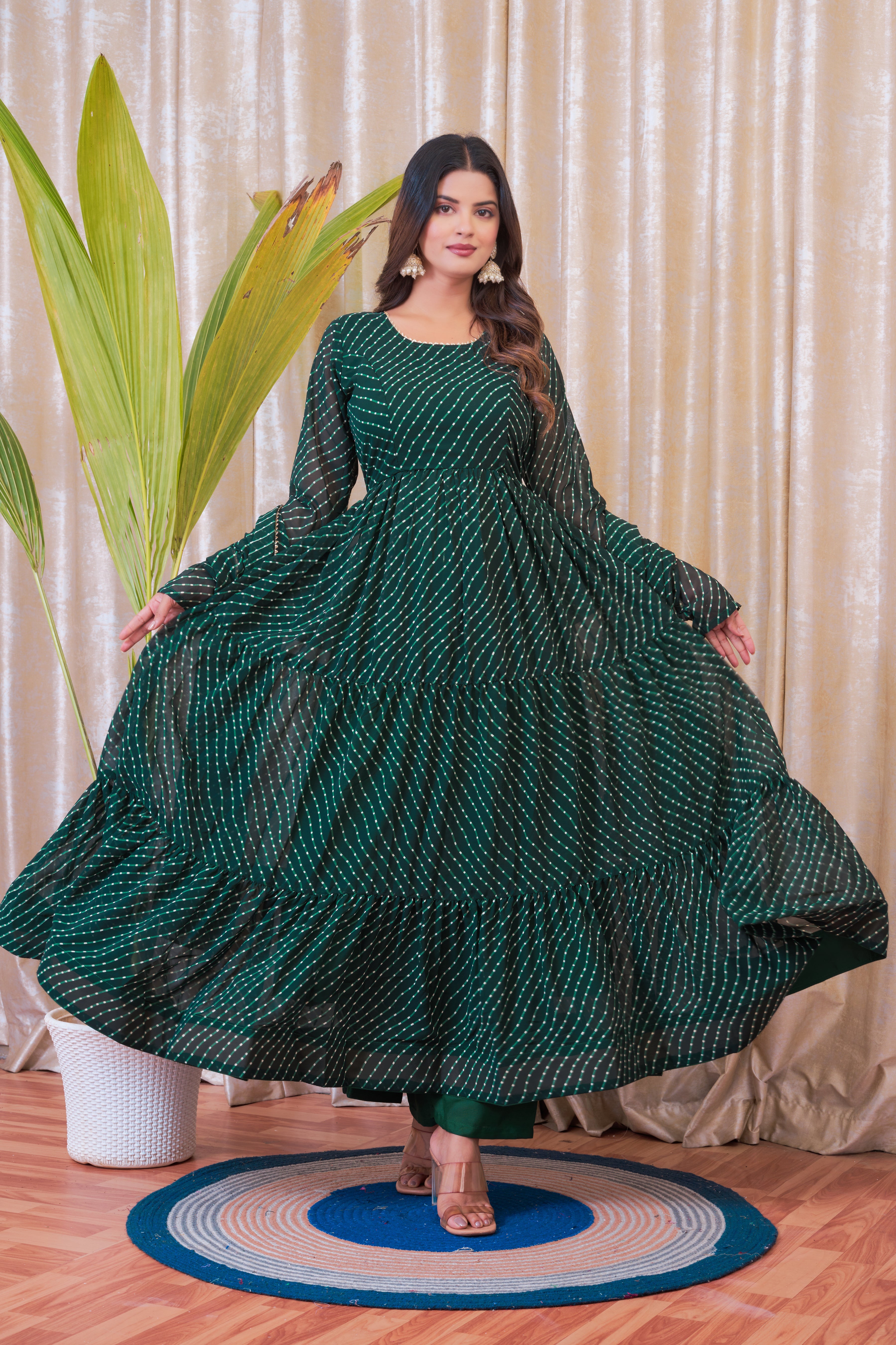 Green Leheriya Printed Anarkali Set