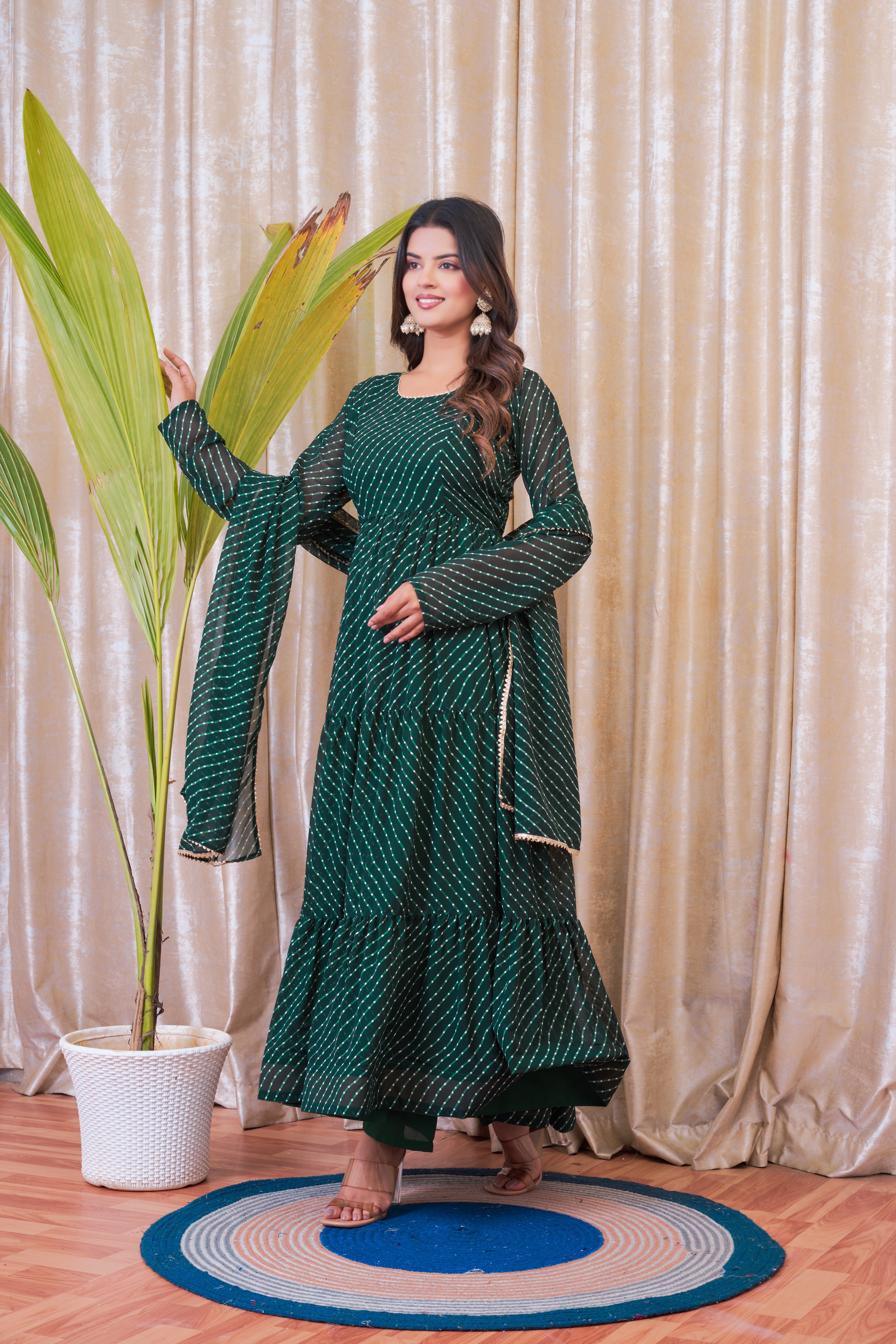 Green Leheriya Printed Anarkali Set