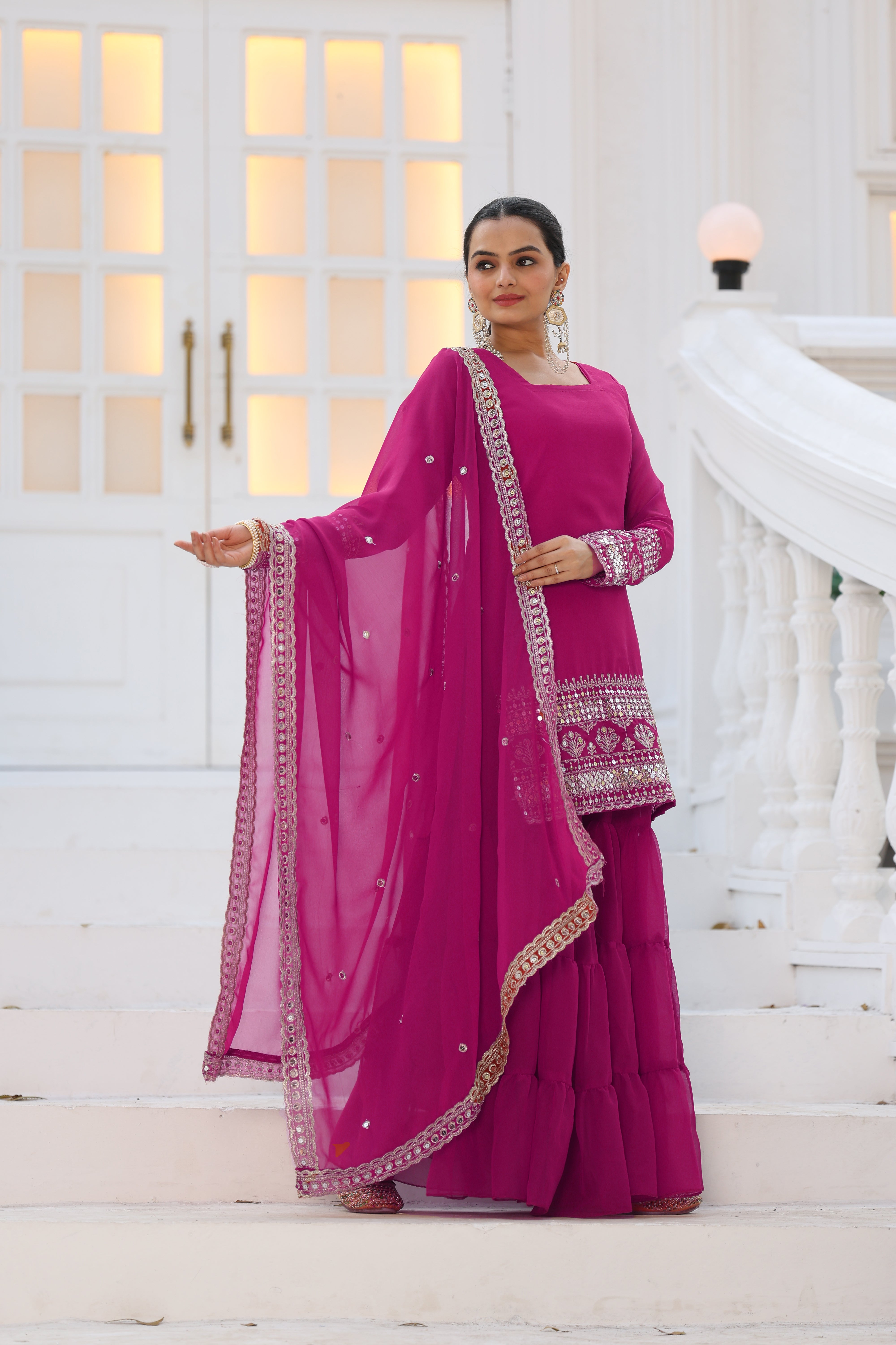 Georgette Pink Embroidered Stitched sharara suit for women's