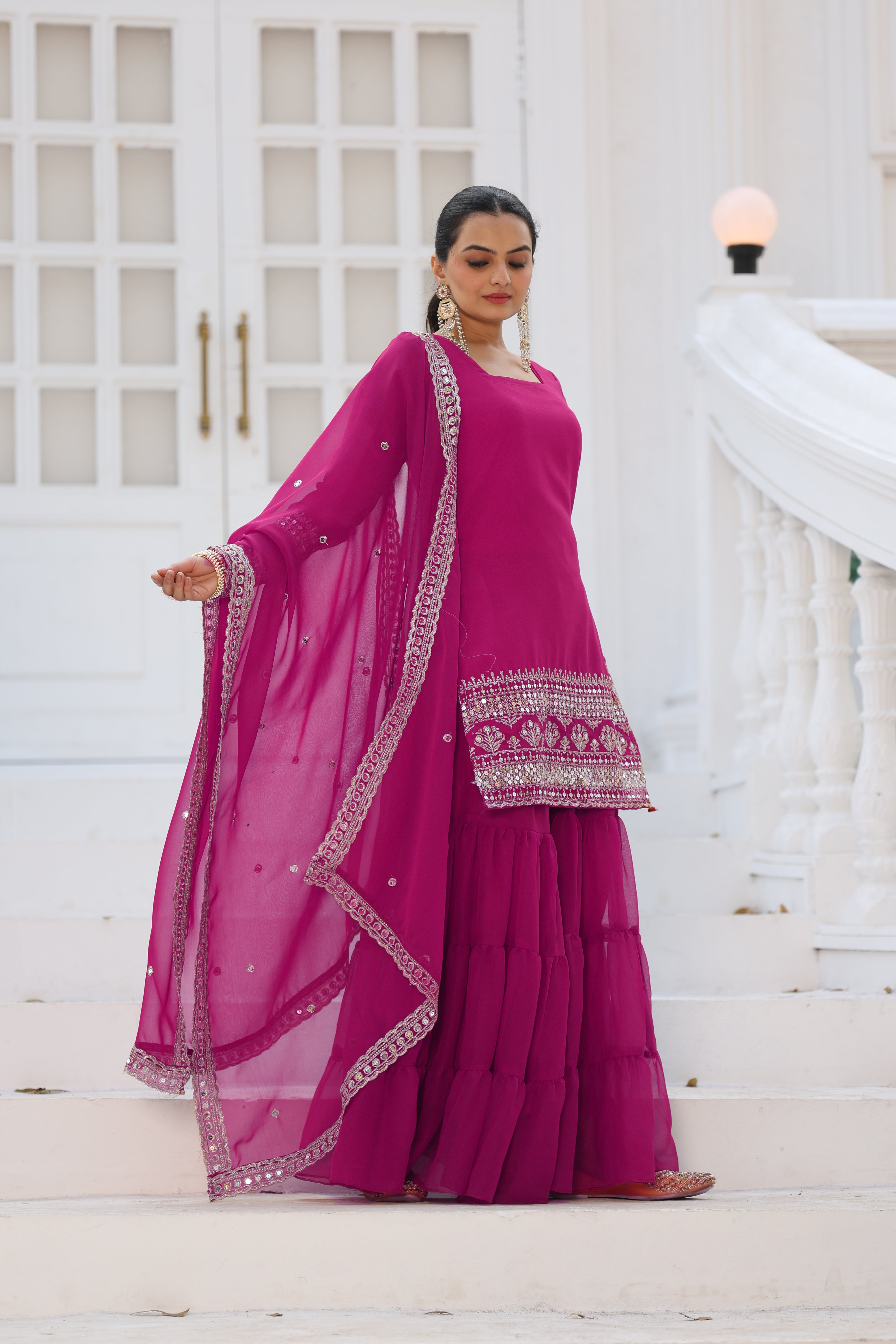 Georgette Pink Embroidered Stitched sharara suit for women's