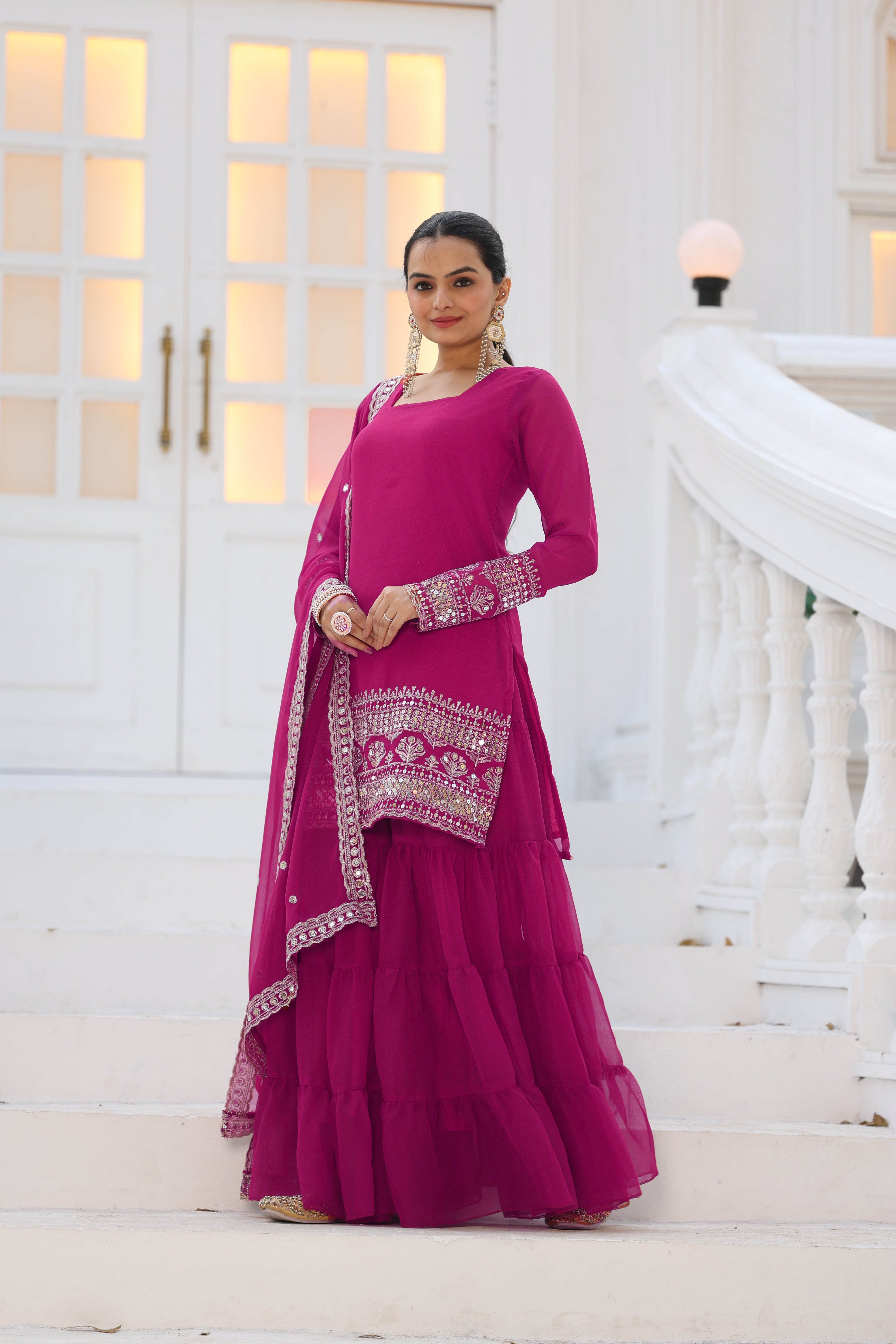 Georgette Pink Embroidered Stitched sharara suit for women's