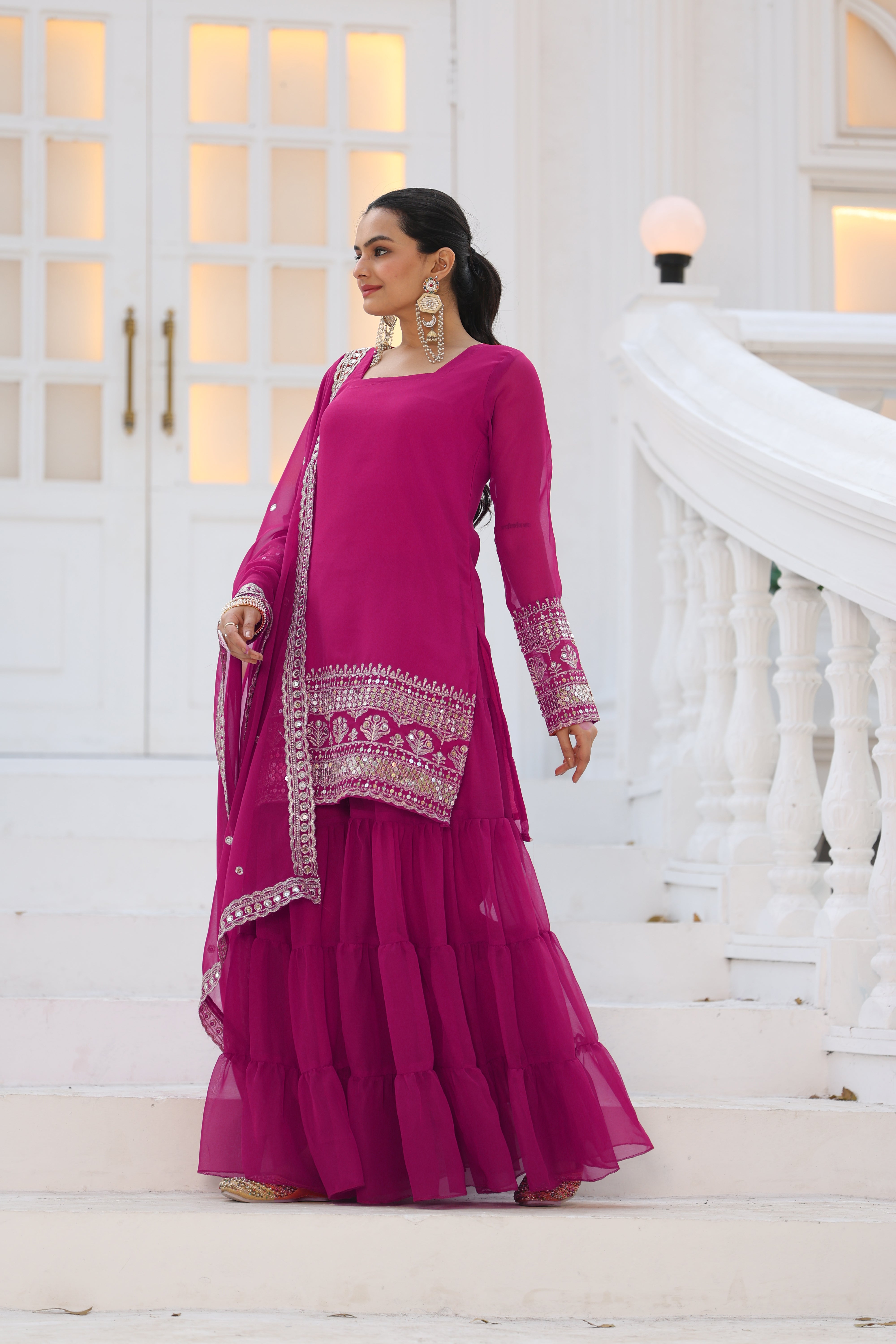 Georgette Pink Embroidered Stitched sharara suit for women's