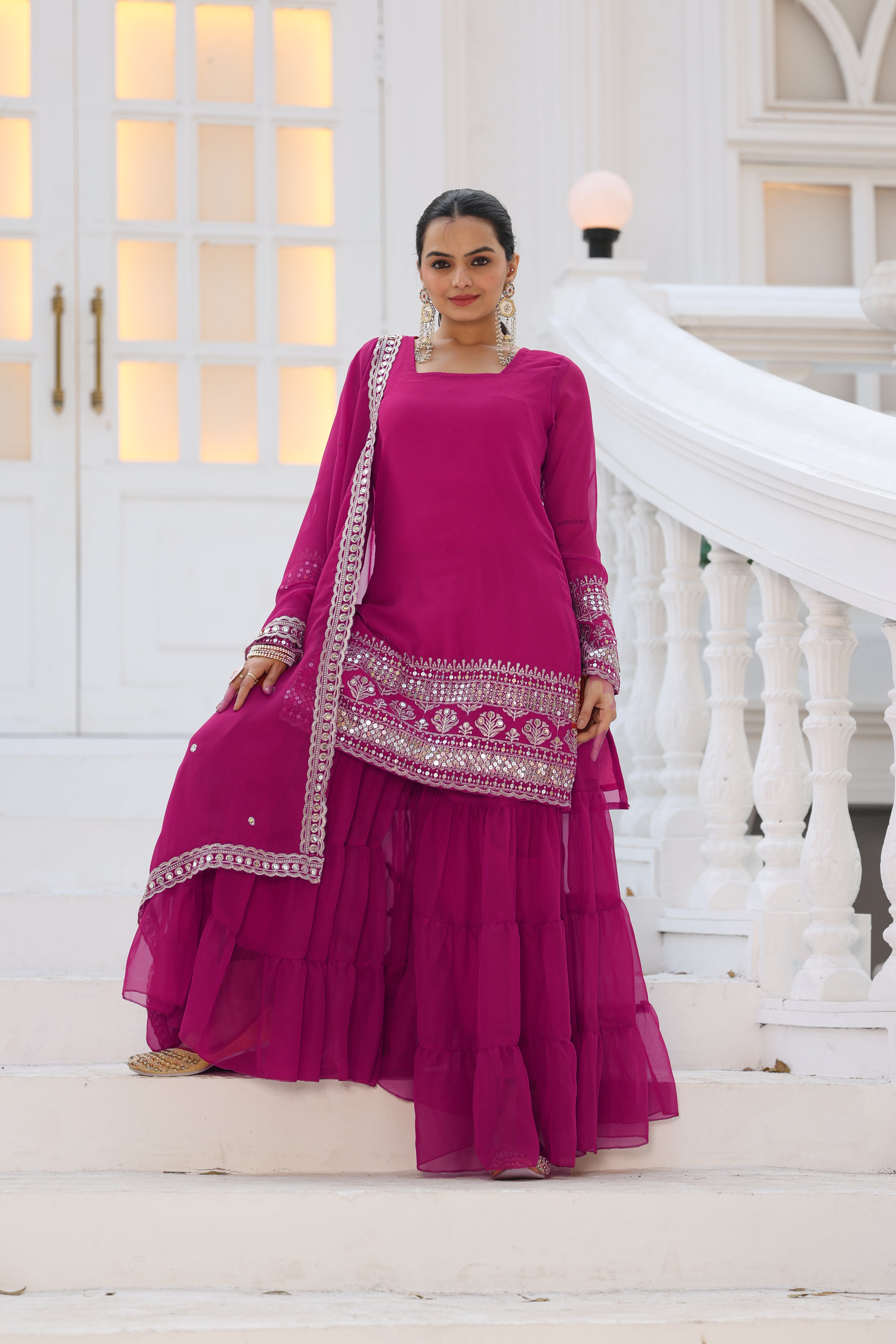 Georgette Pink Embroidered Stitched sharara suit for women's