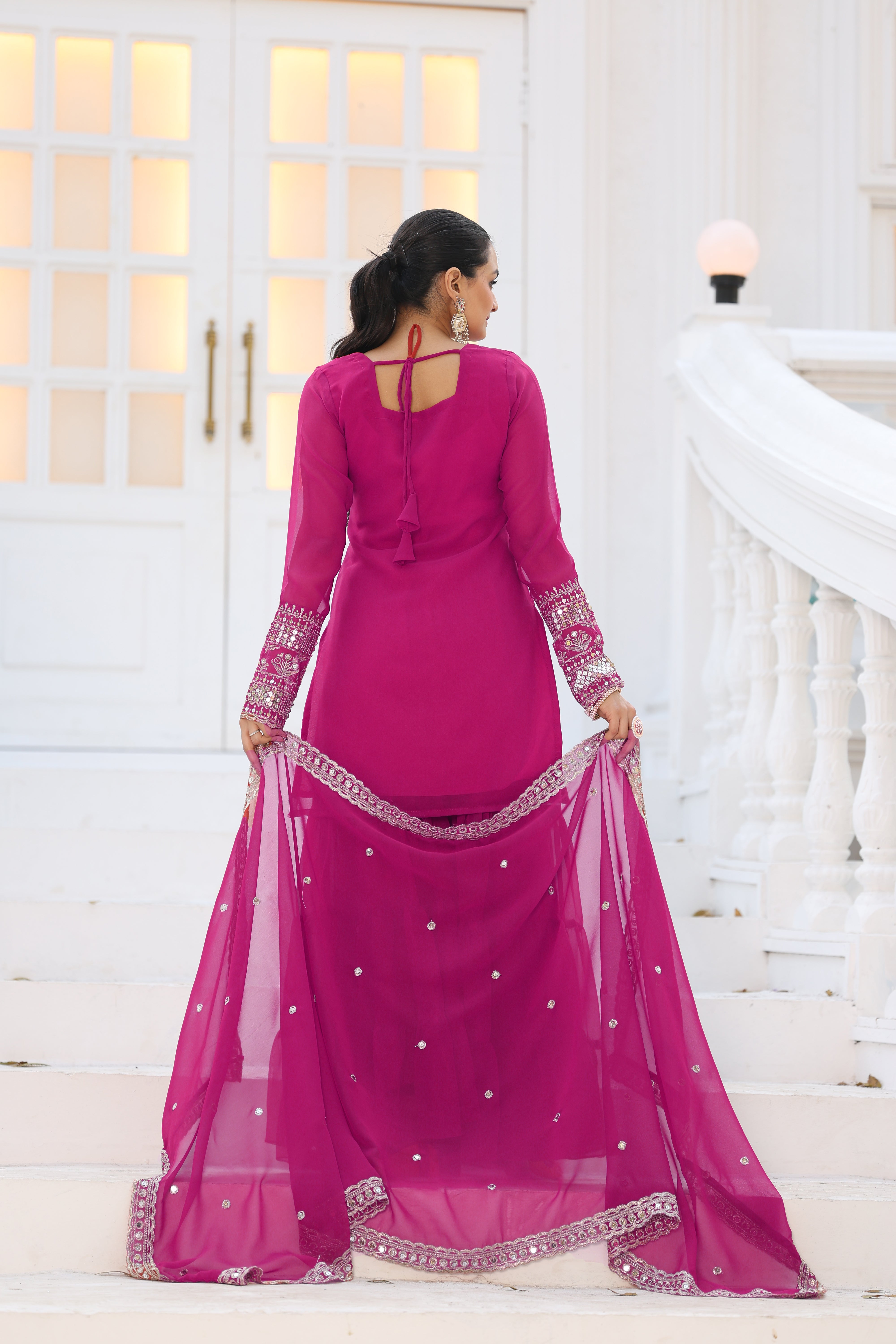 Georgette Pink Embroidered Stitched sharara suit for women's