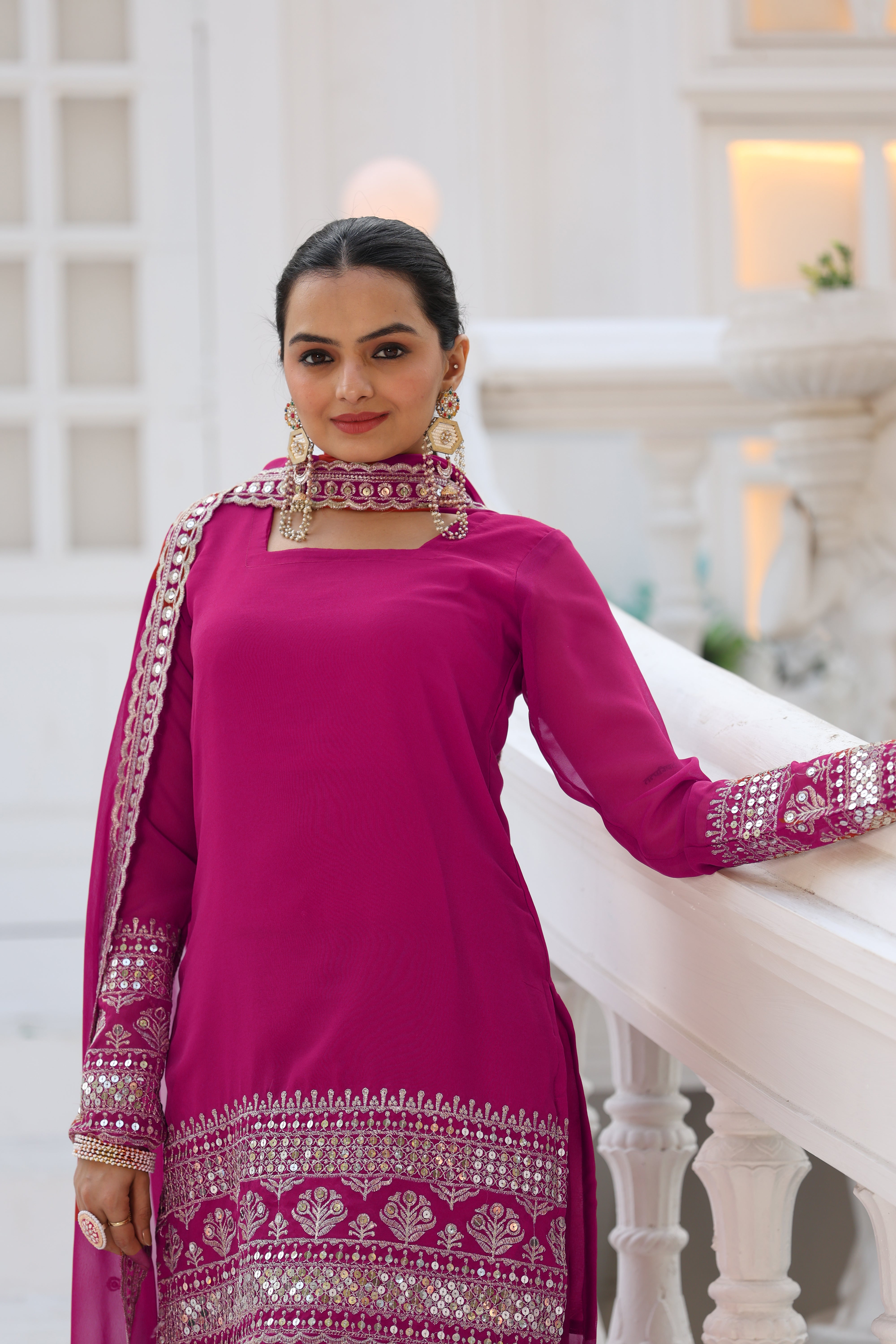 Georgette Pink Embroidered Stitched sharara suit for women's