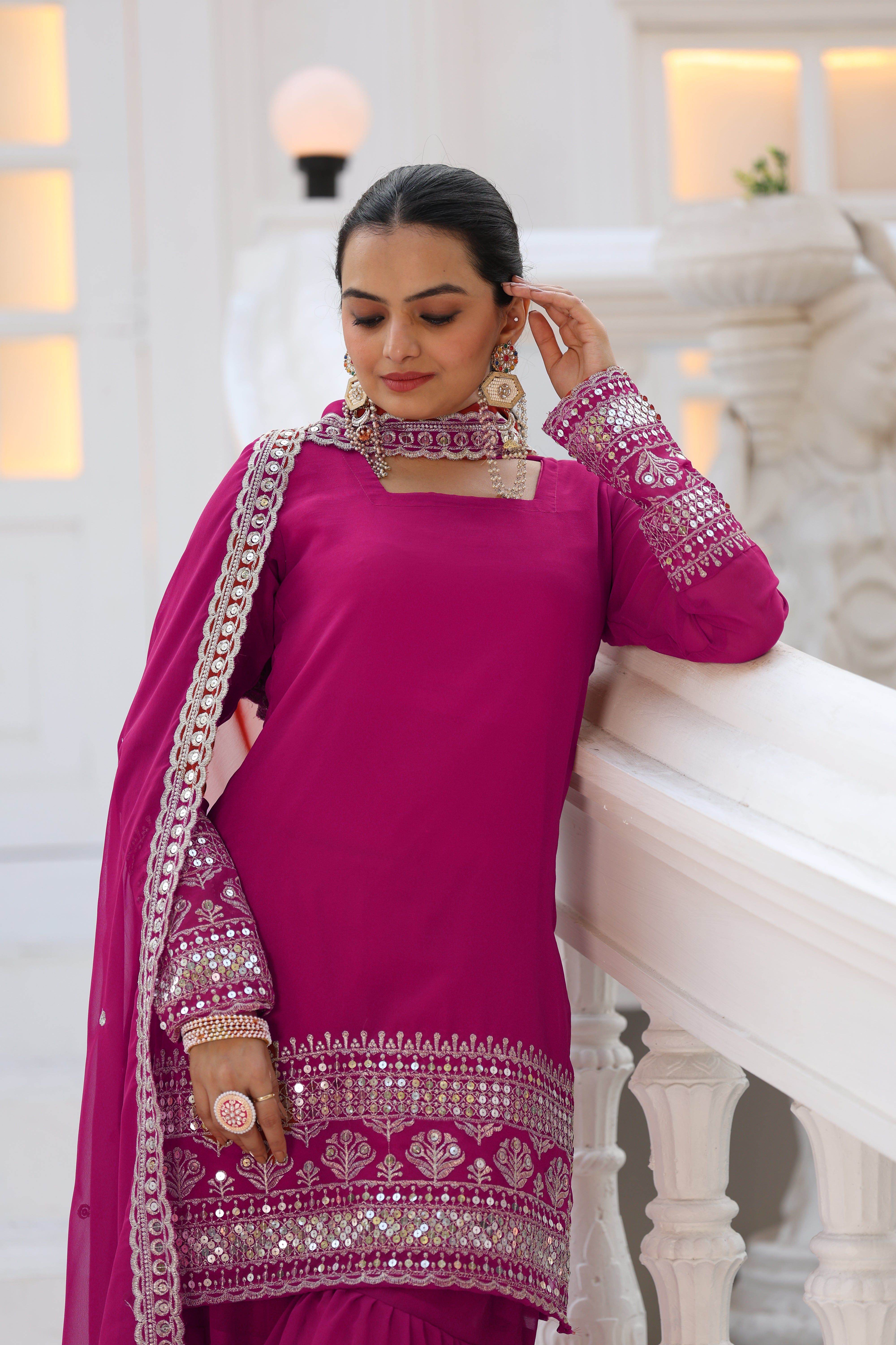 Georgette Pink Embroidered Stitched sharara suit for women's