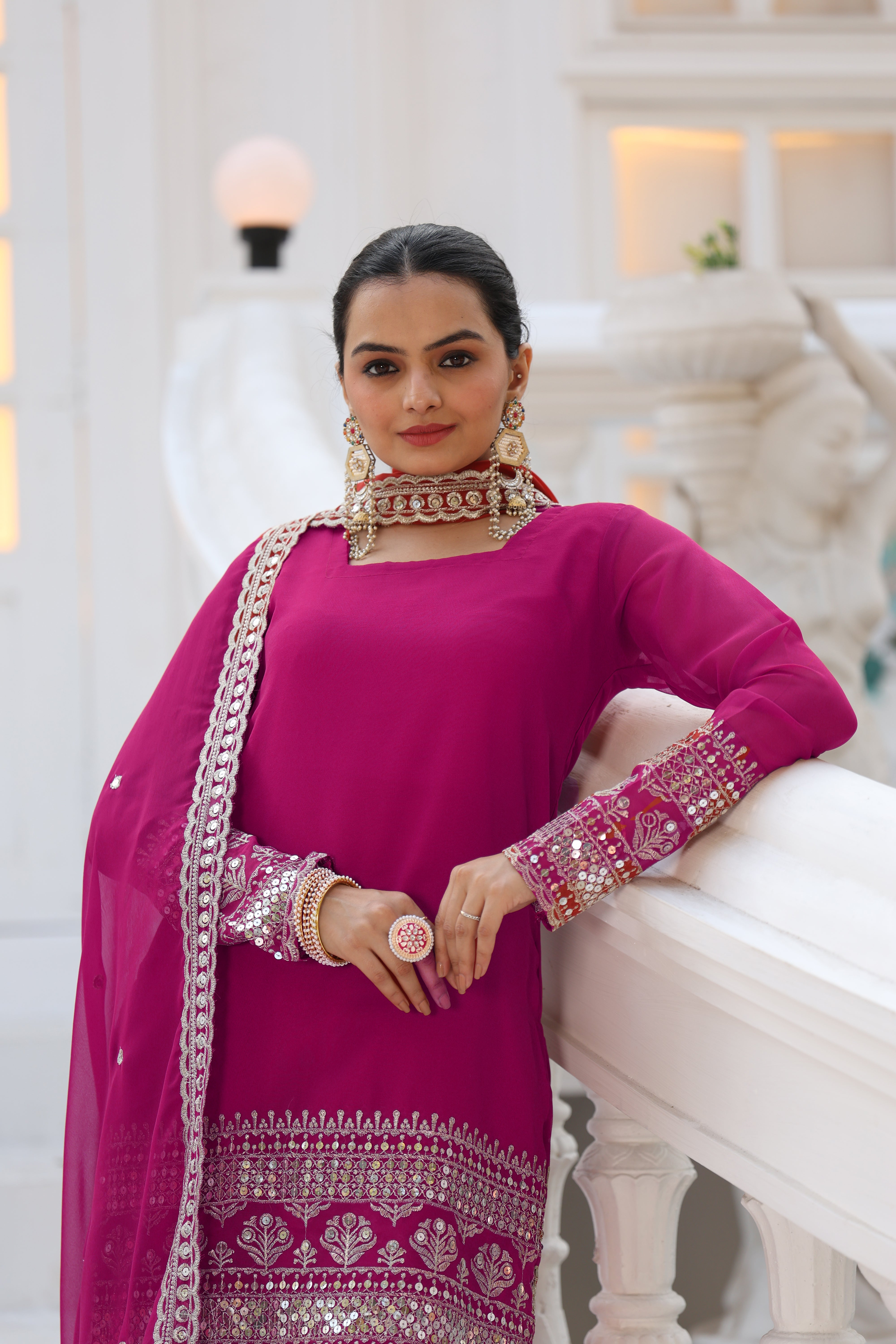 Georgette Pink Embroidered Stitched sharara suit for women's