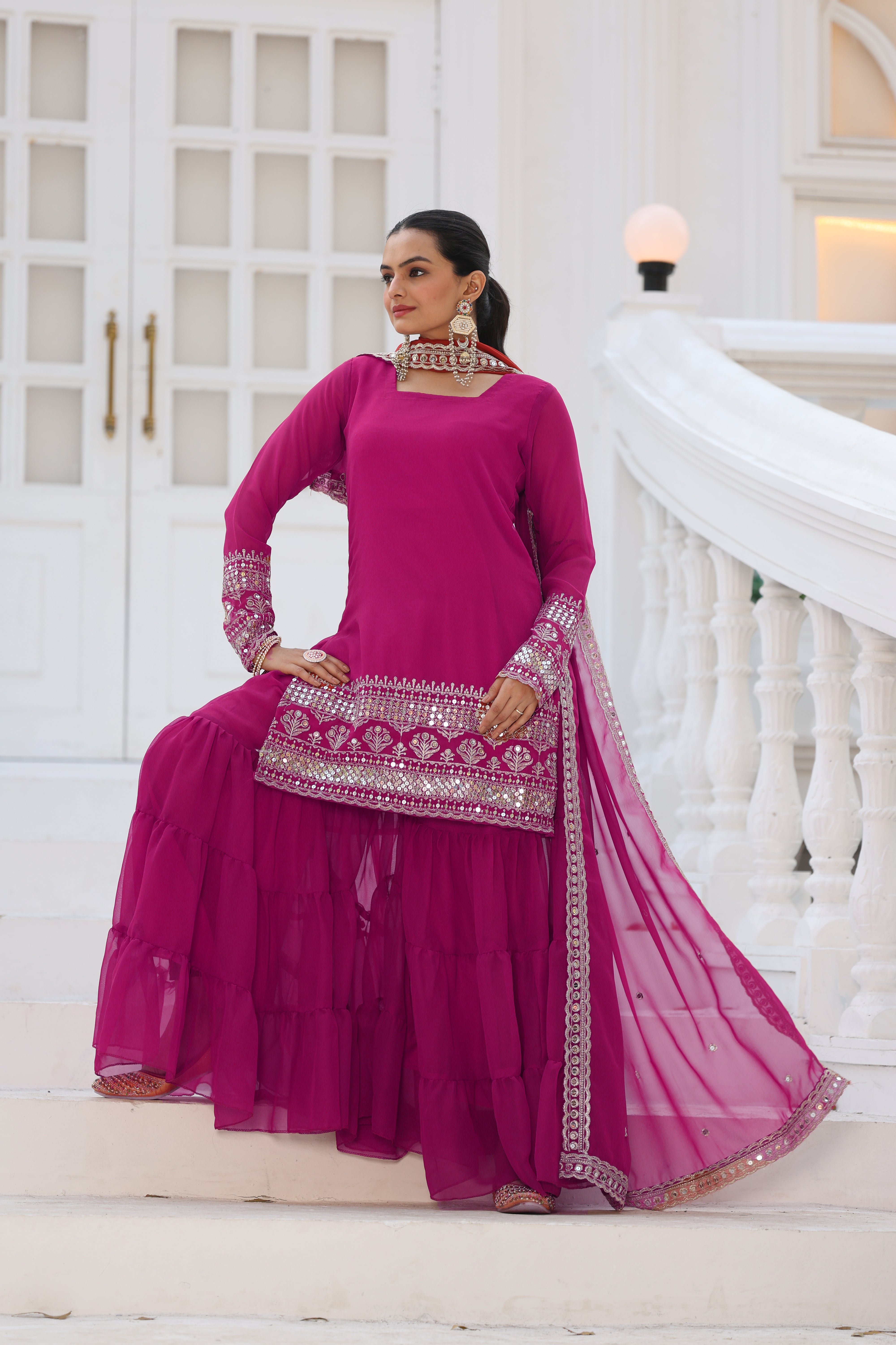 Georgette Pink Embroidered Stitched sharara suit for women's