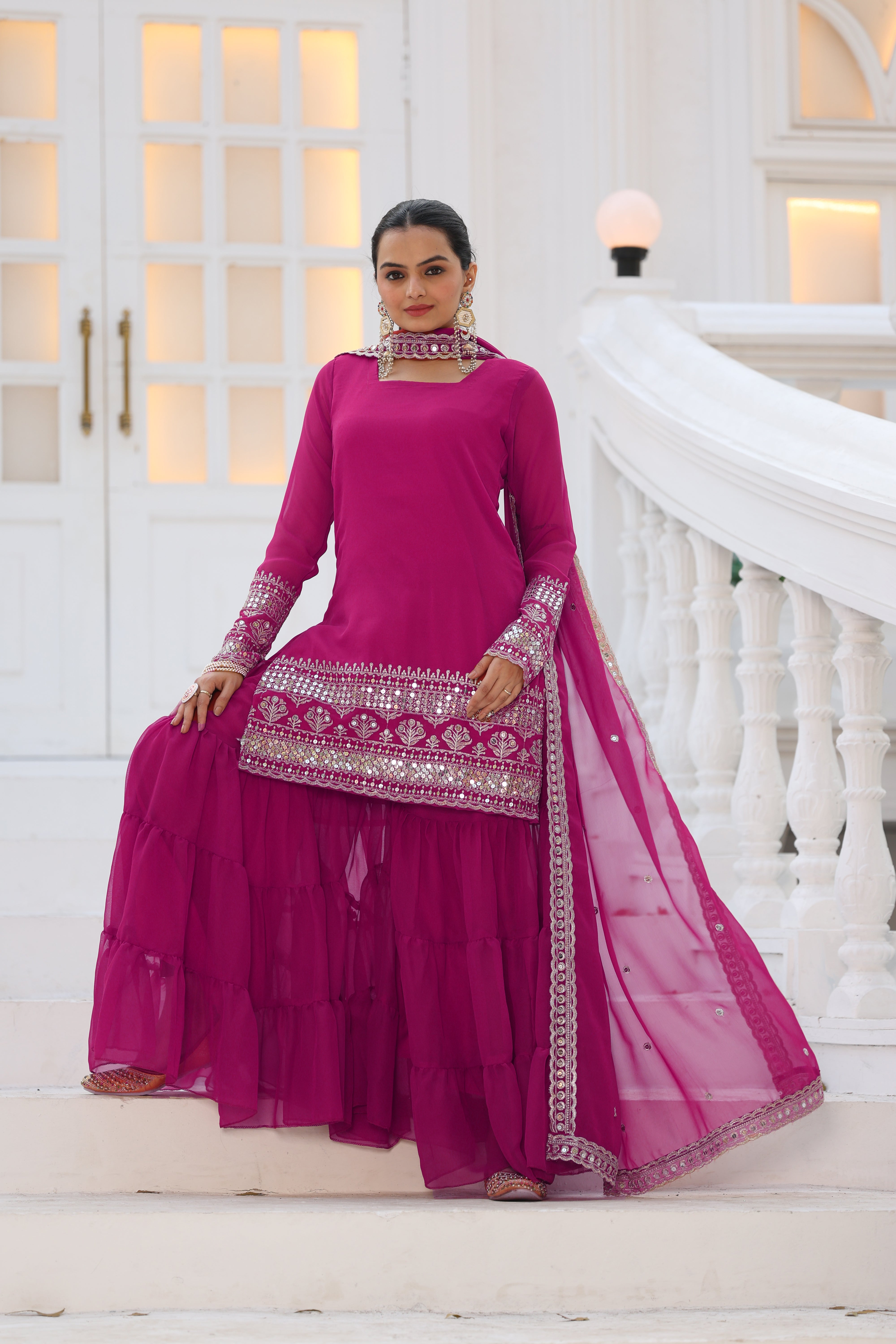 Georgette Pink Embroidered Stitched sharara suit for women's