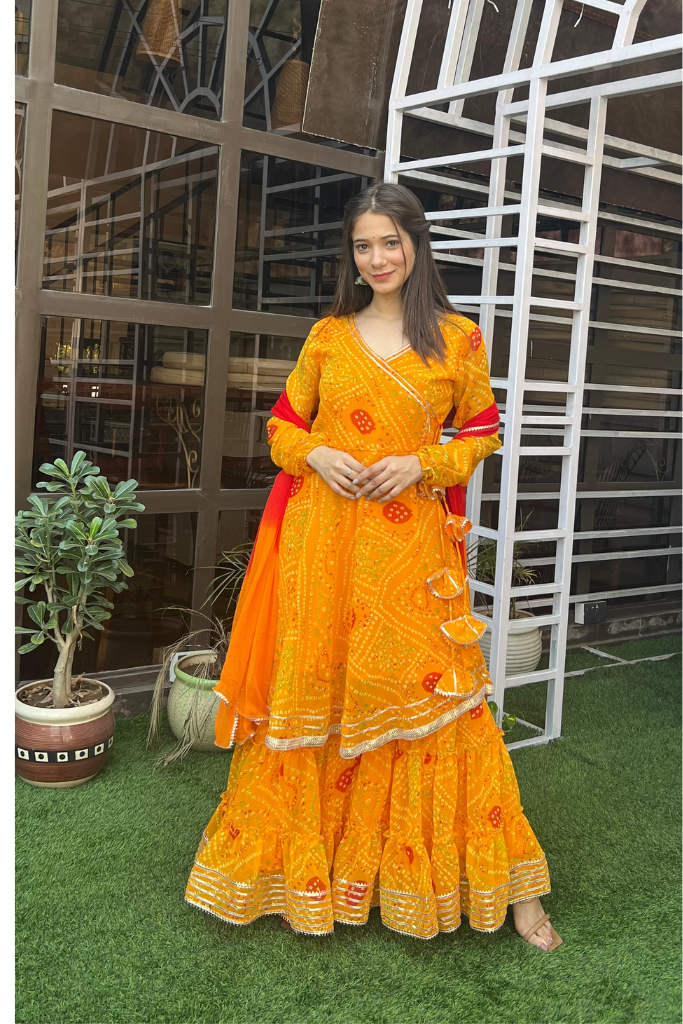 Yellow Bandhani Print Sharara Set For Women's