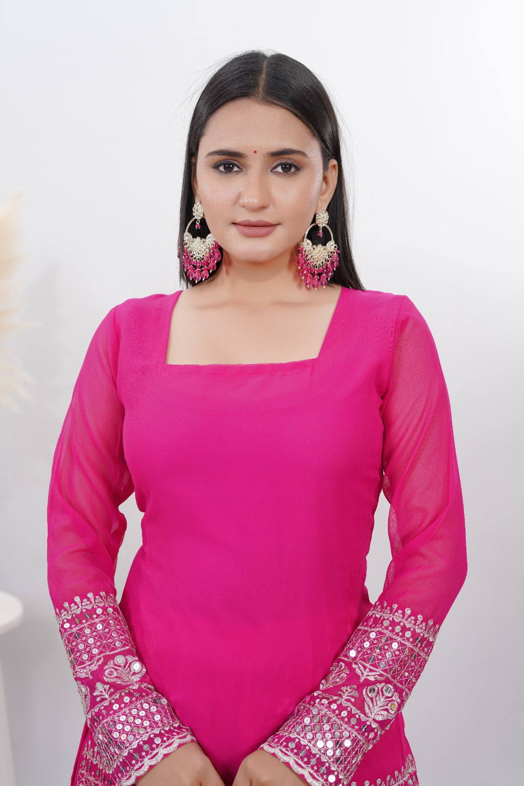 Georgette Pink Embroidered Stitched sharara For women's