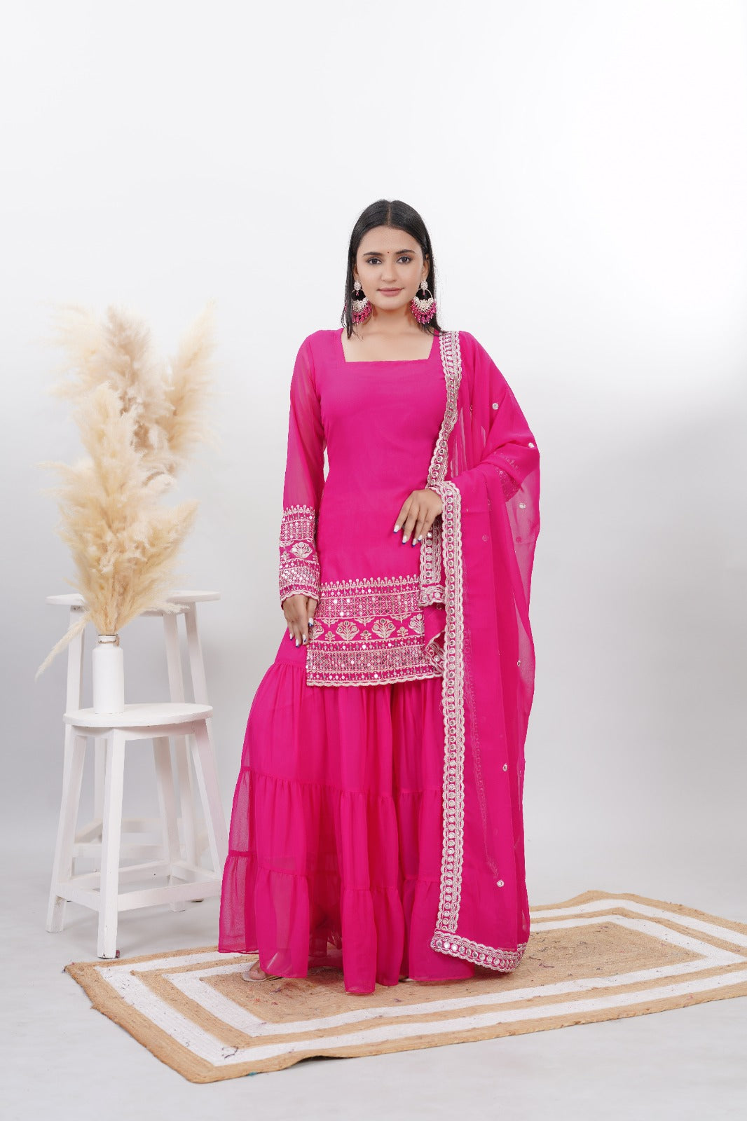 Georgette Pink Embroidered Stitched sharara For women's