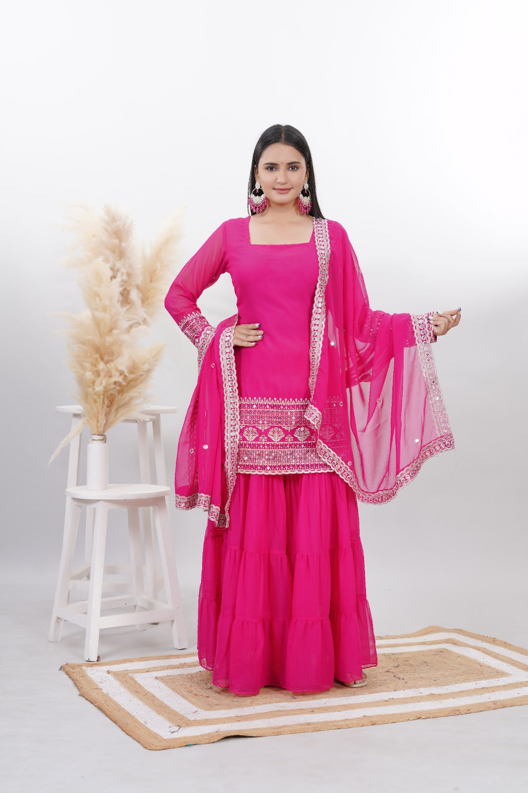 Georgette Pink Embroidered Stitched sharara For women's